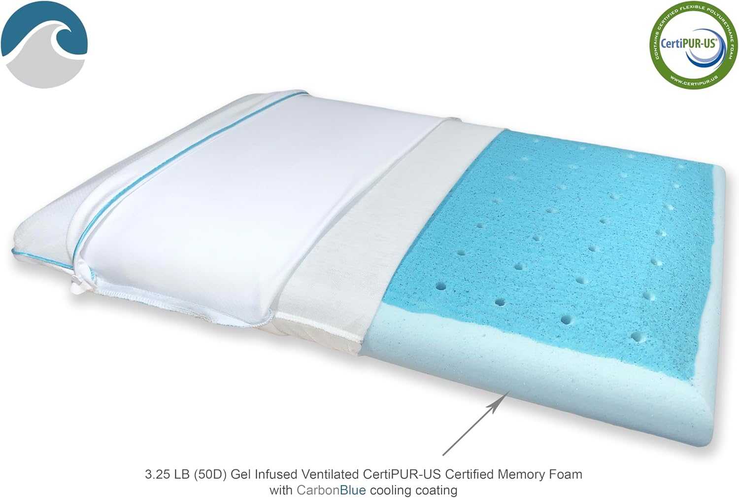 BluewaveBedding Bluewave Bedding Ultra Max Cool CarbonBlue Gel Memory Foam Pillow for Stomach and Back Sleepers - Thin, Flat Design wi…