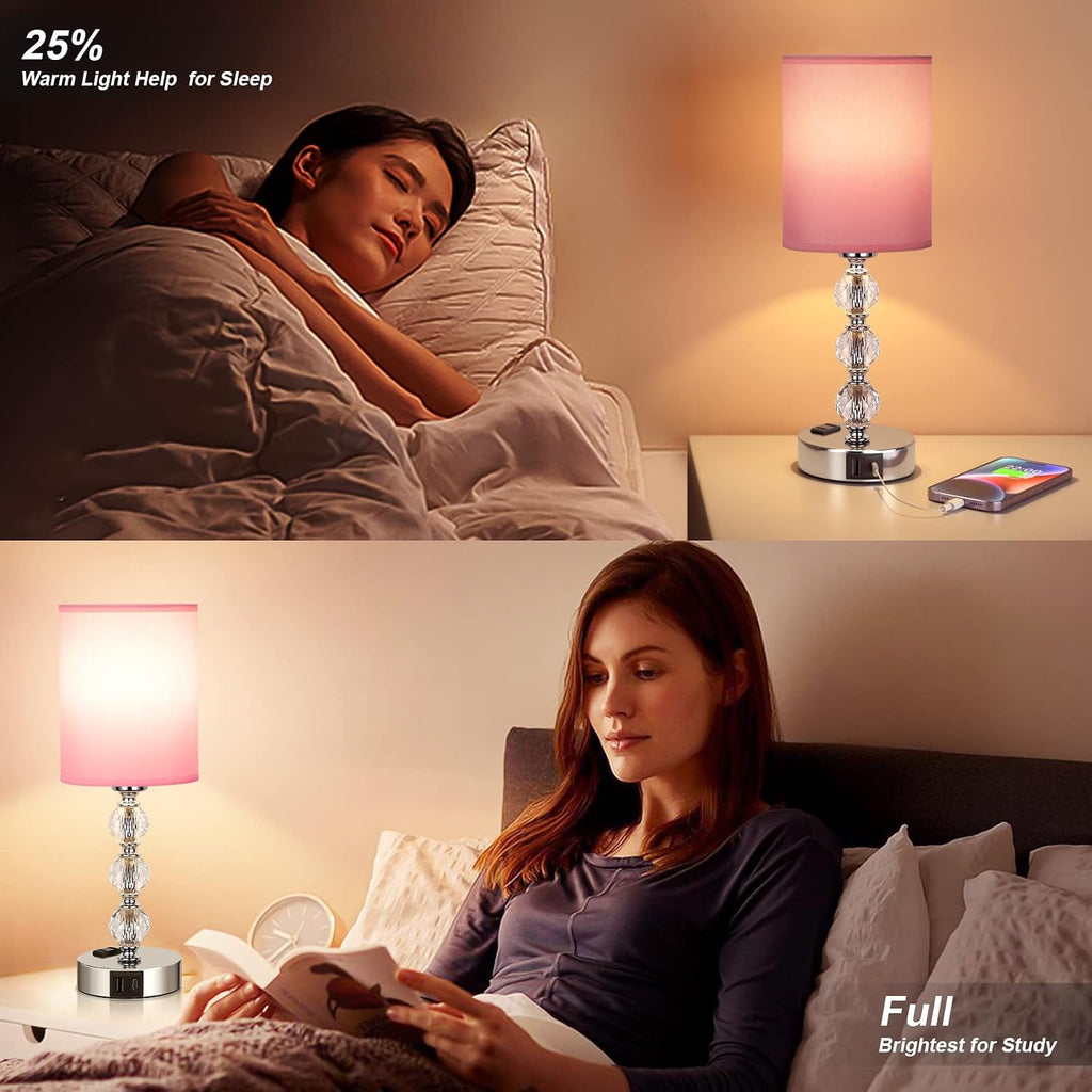 Pink Touch Bedside Lamps for Bedrooms - Crystal Table Lamp with USB C+A Charging Port and AC Outlet Nightstand, 3 Way Dimmable Silver…