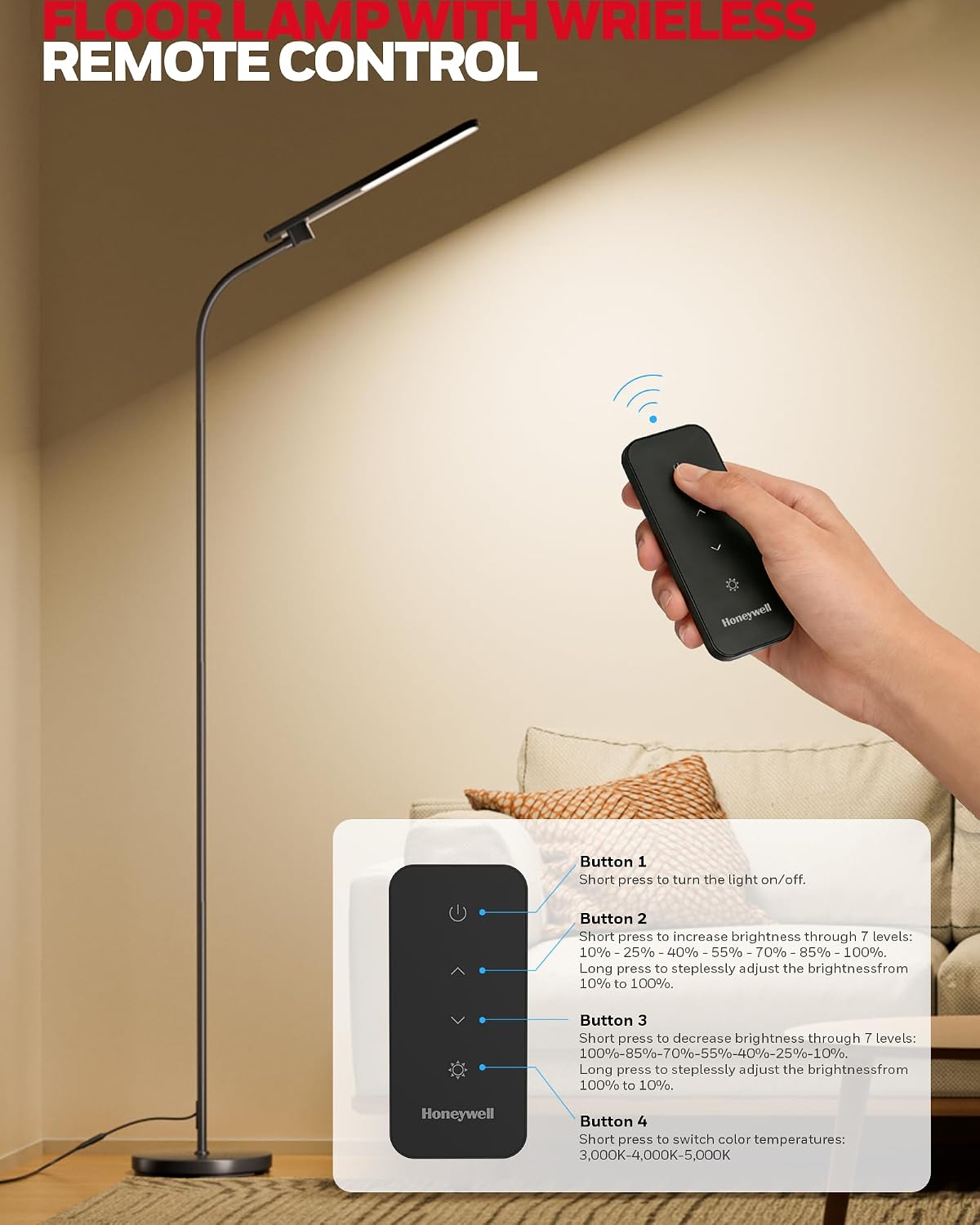 HoneywellAirComfort Honeywell LED Floor Lamp for Reading, CRI97 Full Spectrum Gooseneck Floor Lamp with Remote, Eye-Caring Dimmable Standin…