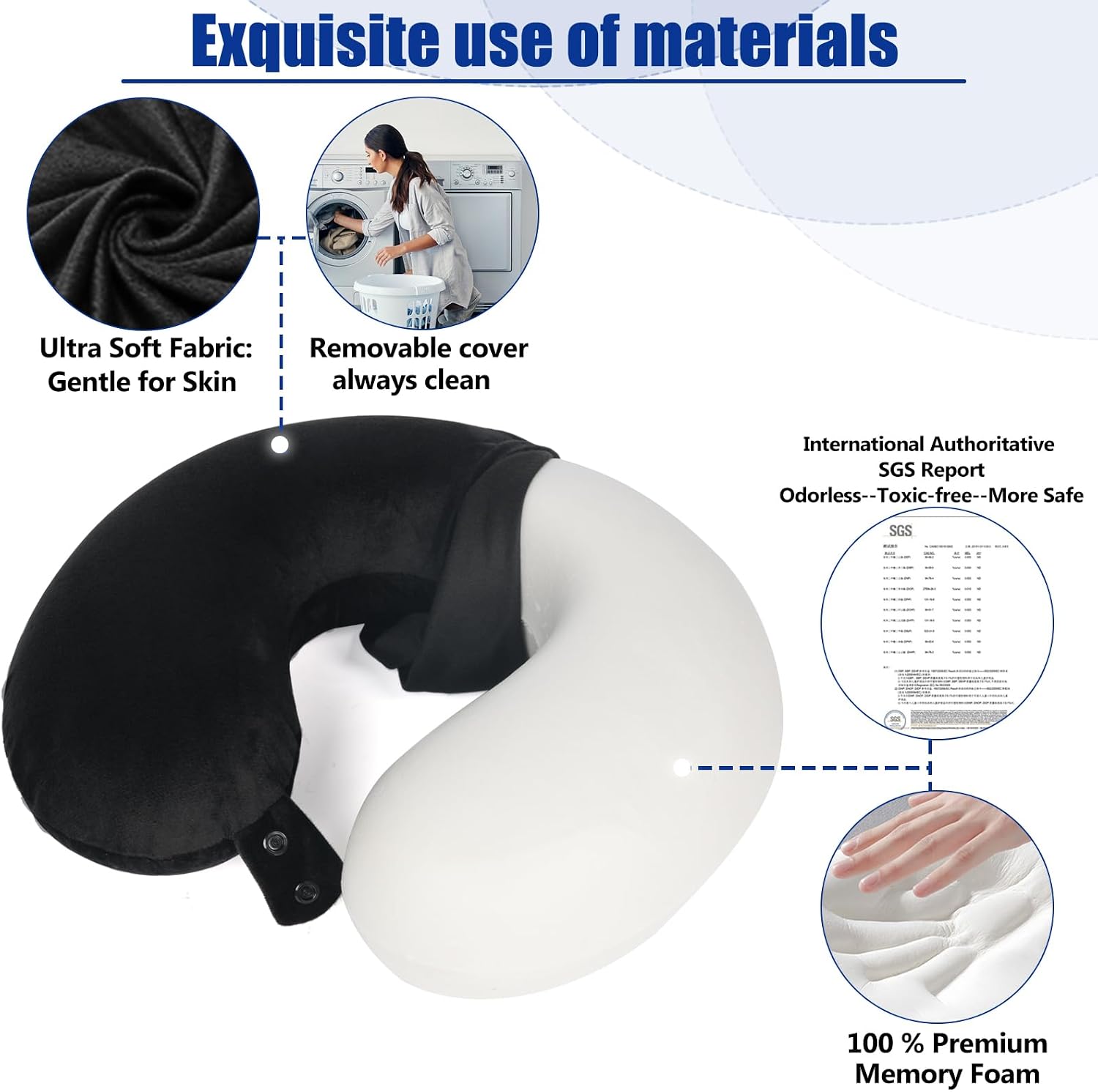 SAIREIDER Travel Pillow 100% Pure Memory Foam Travel Neck Pillow, Airplane Pillow for Traveling、Car、Home、Office, Washable Cover(Black)
