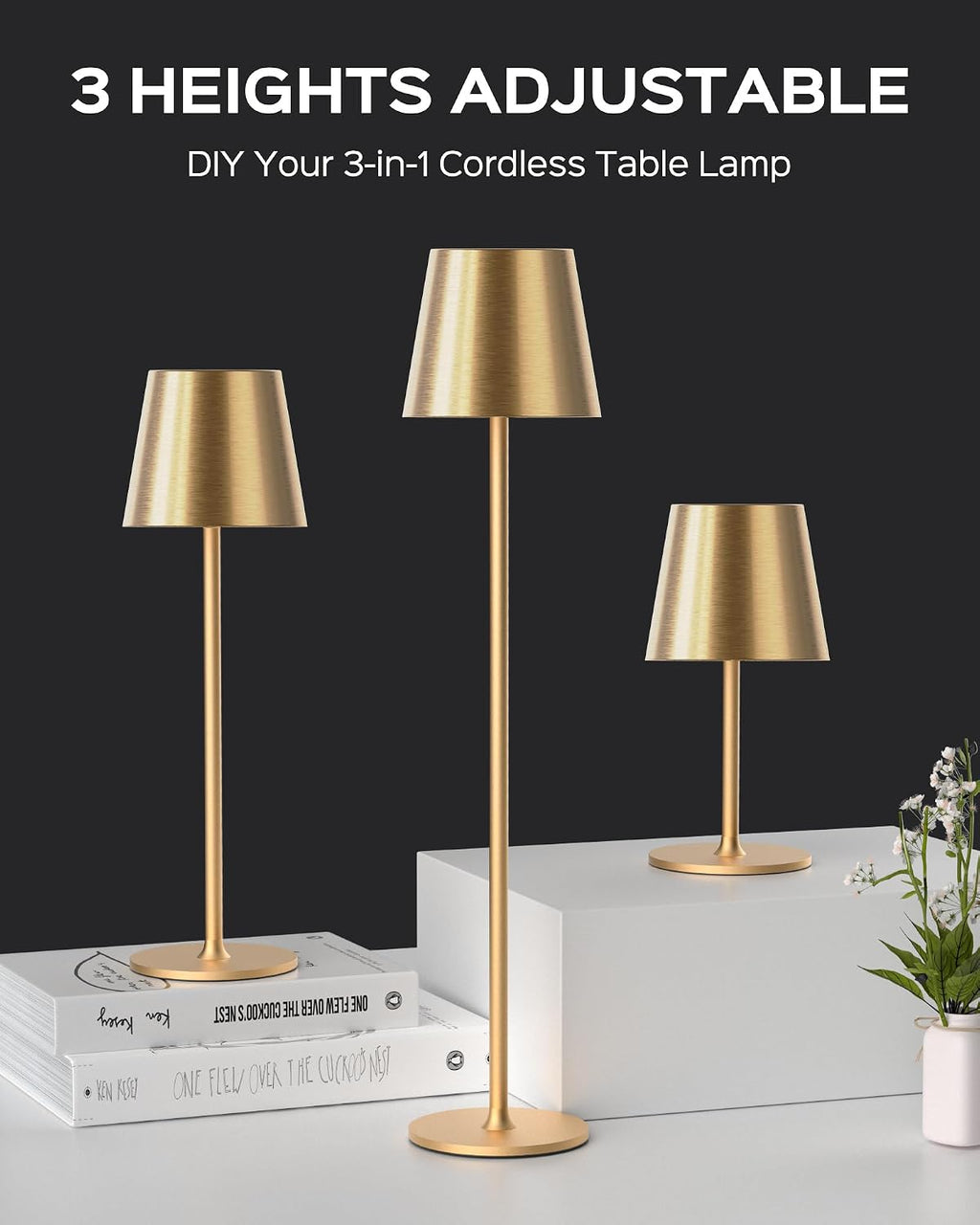 JACKYLED Cordless Table Lamps Rechargeable, 3 Adjustable Height, 5000mAh Battery Operated, 3 Colors Smooth Dimming, Portable LED…
