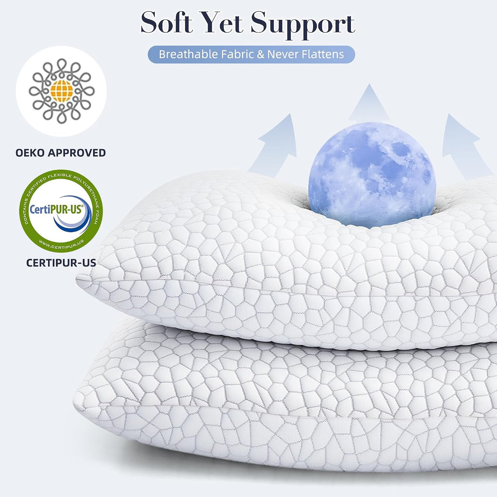 Yettbea Adjustable Shredded Memory Foam Pillows Queen Size Set of 2, Luxury Bamboo Cooling Pillow w/Washable Zippered Cover, Soft or Firm…