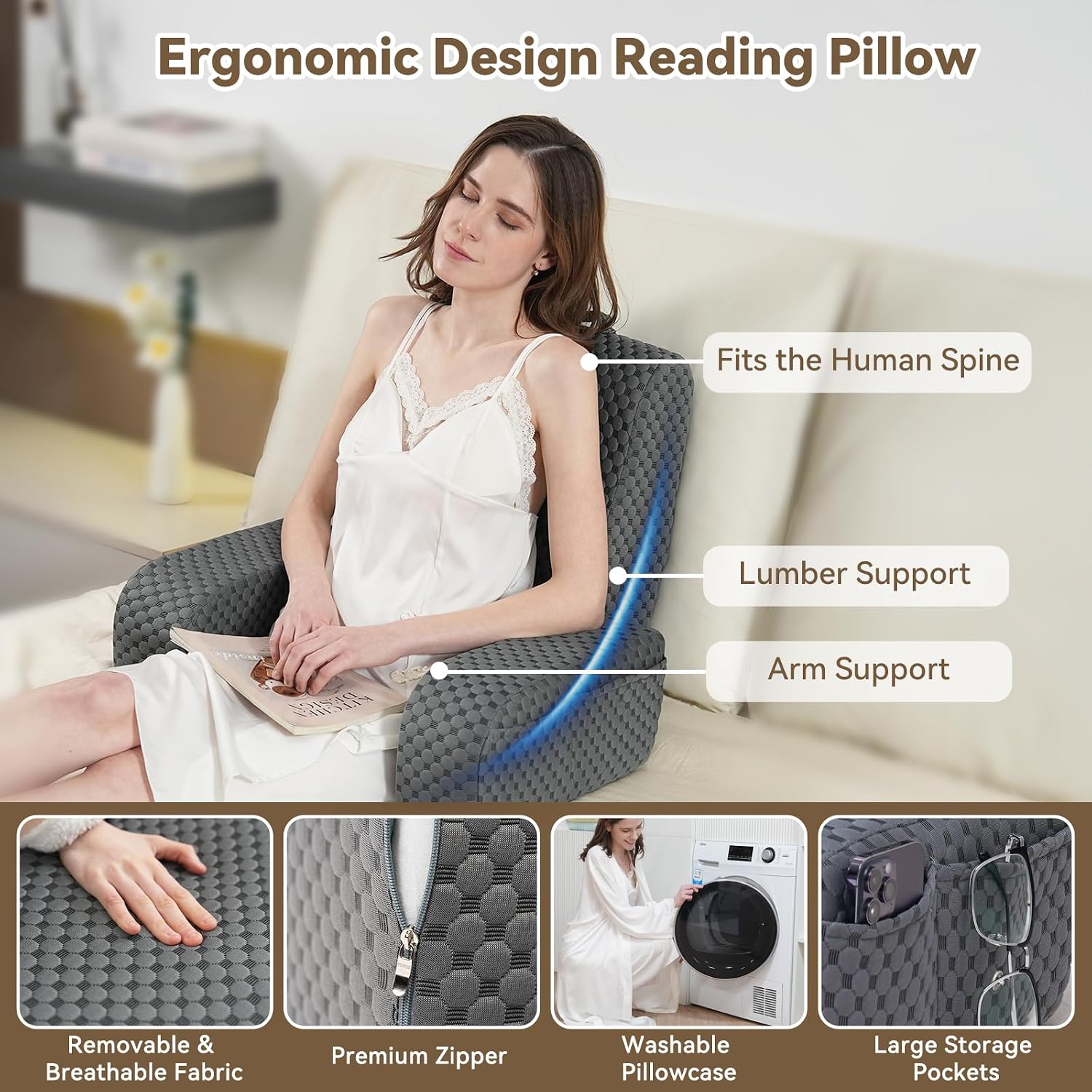 Generic Bed Reading Pillow Back Support with Arms, Removable Pillowcase for Book Working Gaming Resting Watching TV, White/22in Cott…