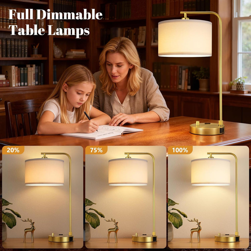 Innqoo Bedside Table Lamps for Bedroom Set of 2-Dimmable Nightstand Lamps with USB Port and Outlet, Modern Gold Lamps with Linen…