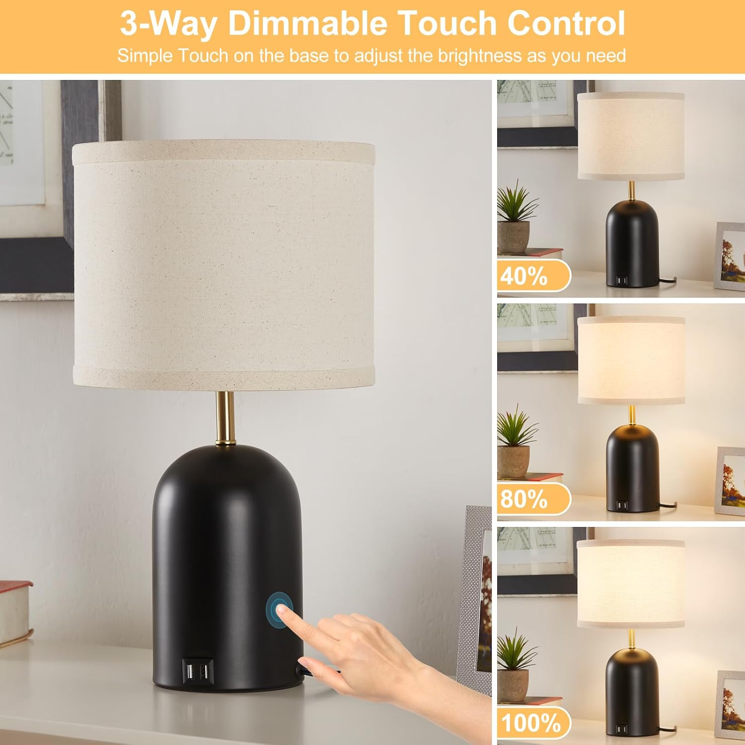 GyroVu Touch Control Table Lamps Set of 2, Modern Bedside Lamp with 2 USB Ports, Dimmable Gold and Black Nightstand Lamp with Fabric…