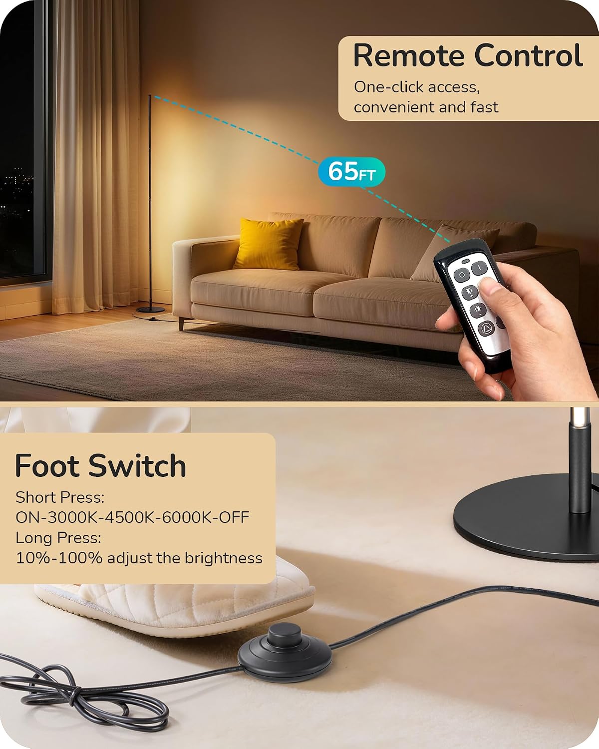 Edishine 59.8" Modern Floor Lamp, Minimalist Floor lamp with 3 Height Settings, 3 Color Temperature & Stepless Dimming, Remote Control, Foo…