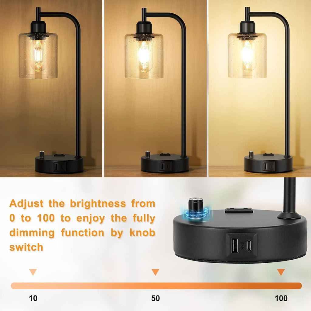 Industrial Table Lamps for Bedrooms Set of 2 - Fully Dimmable Bedside Lamps with USB A and C Ports and Outlet, Black Nightstand Lamps…