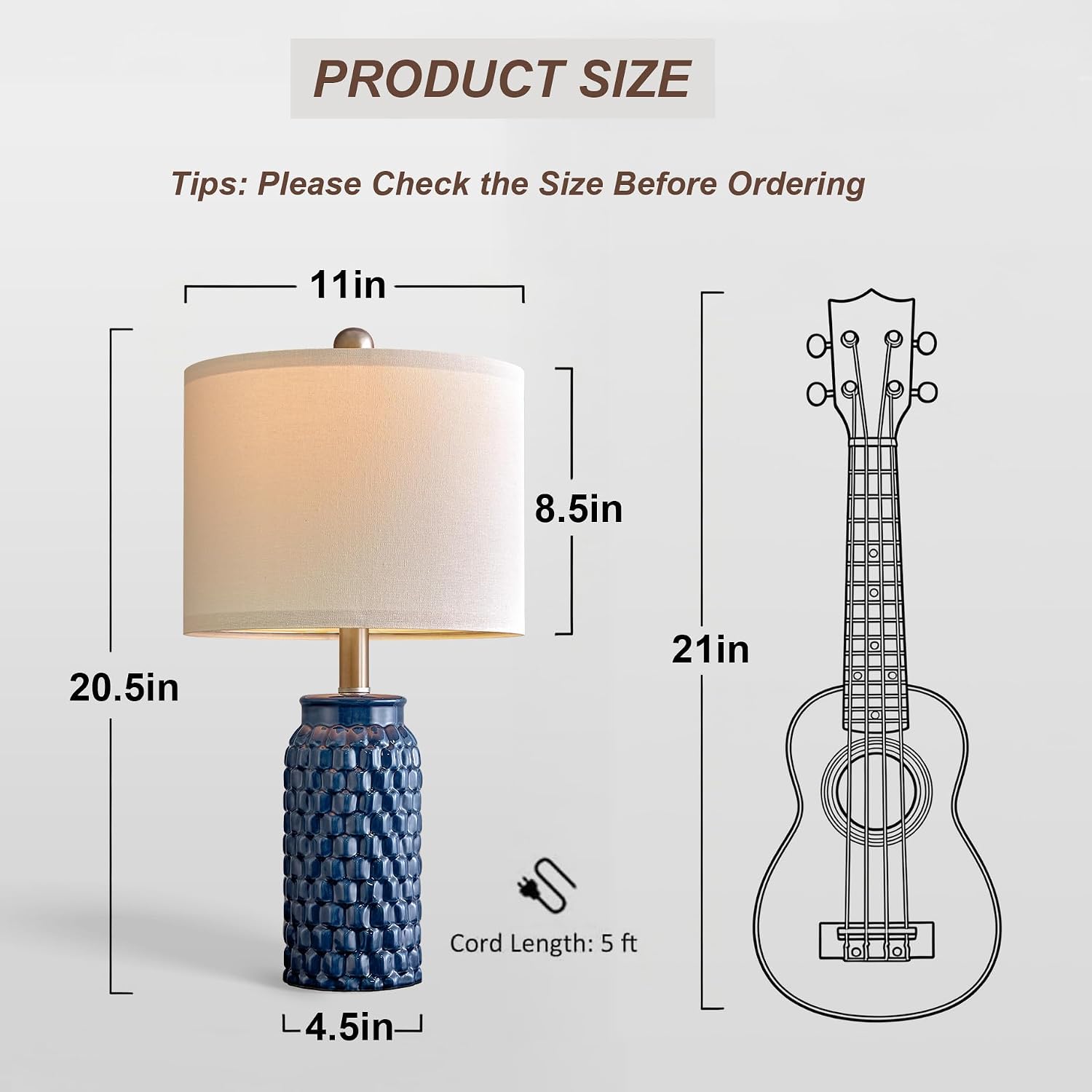 20.5" Small Bedside Lamps Set of 2 with 5FT Cord, Blue Ceramic Modern Farmhouse Table Lamps for Nightstand, Living Room, Bedroom, 3D…