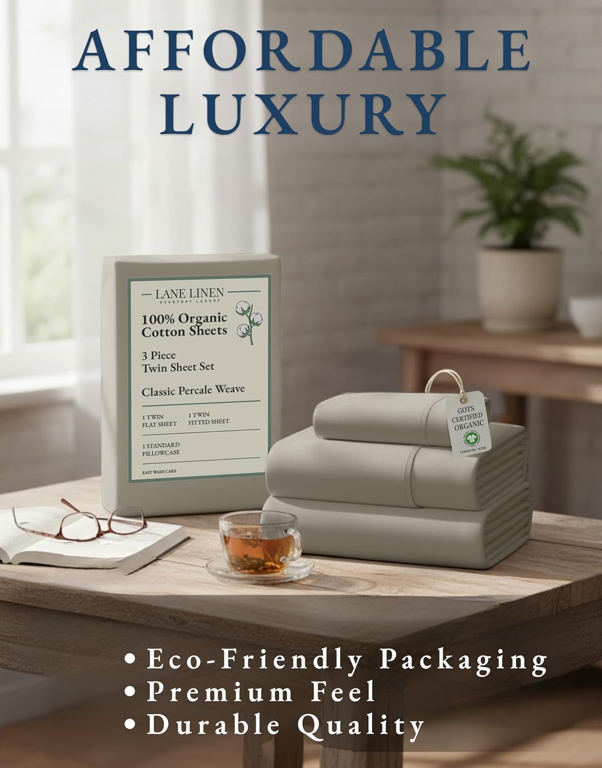 LaneLinen LANE LINEN 100% Organic Cotton Sheets Twin Size, Soft & Comfy Mercerized Fully Elasticized Naturally Temperature Regulating Susta…