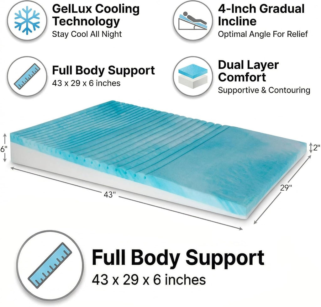 Boyd Sleep Gel Cooling Memory Foam Wedge Pillow – Dual Foam Bed Wedge, 4" Incline, GelLux Ventilation, Acid Reflux & Snoring Relief, 43"…