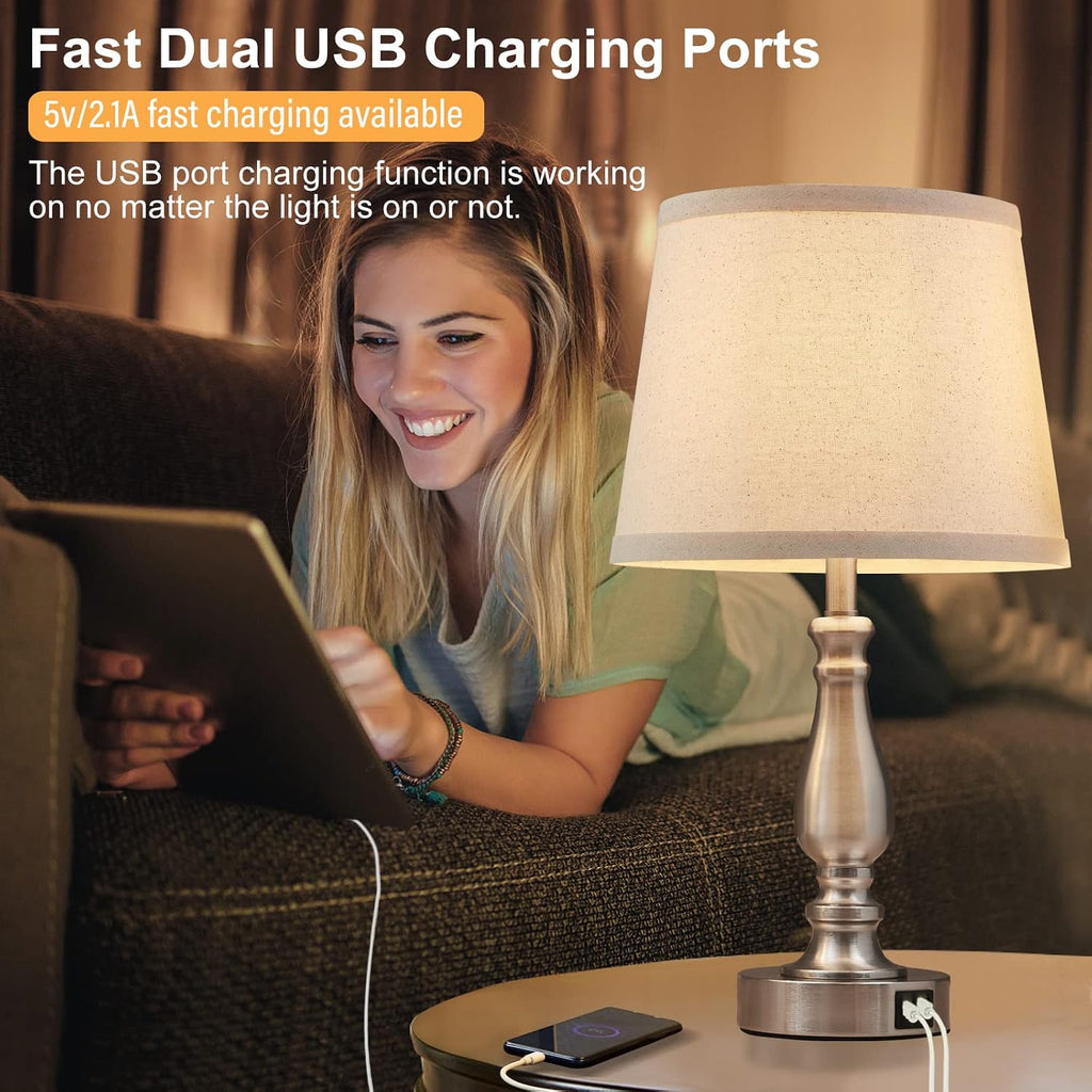 EJIAXIN Lamps for Bedrooms Set of 2, Brushed Nickel Bedside Lamps with USB C+A Ports, Dimmable Nightstand Lamps with Fabric Lampshade…
