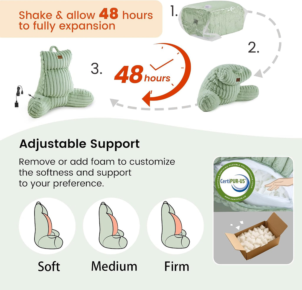Amélie Home Heated Faux Fur Reading Pillow 3 Temperature Backrest for Sitting in Bed Support Cushion, USB-Powered(No Power Bank Included)…