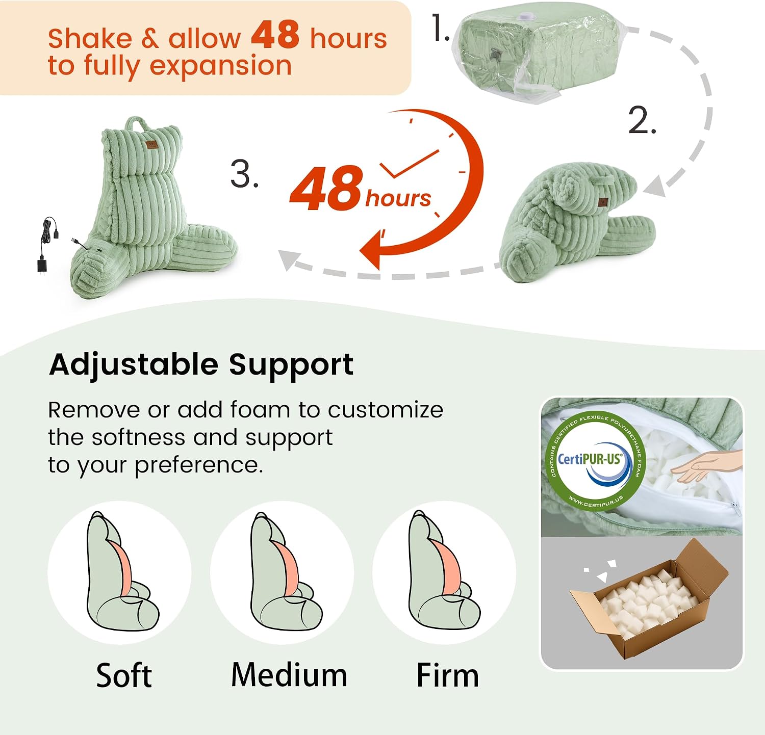 Amélie Home Heated Faux Fur Reading Pillow 3 Temperature Backrest for Sitting in Bed Support Cushion, USB-Powered(No Power Bank Included)…