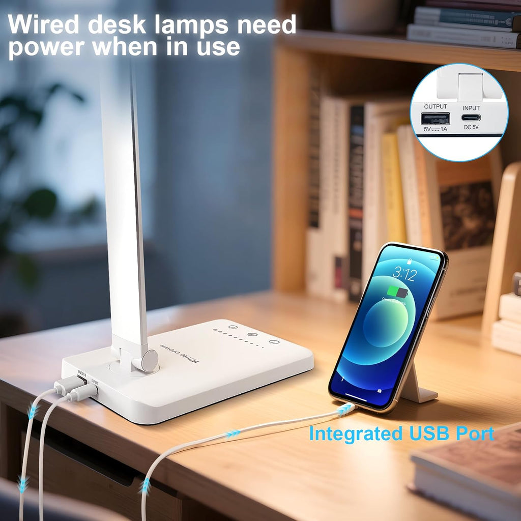 WhiteCrown White crown LED Desk Lamp Dimmable Table Lamp Reading Lamp with USB Charging Port, 5 Lighting Modes, Sensitive Control, 30/60 Mi…