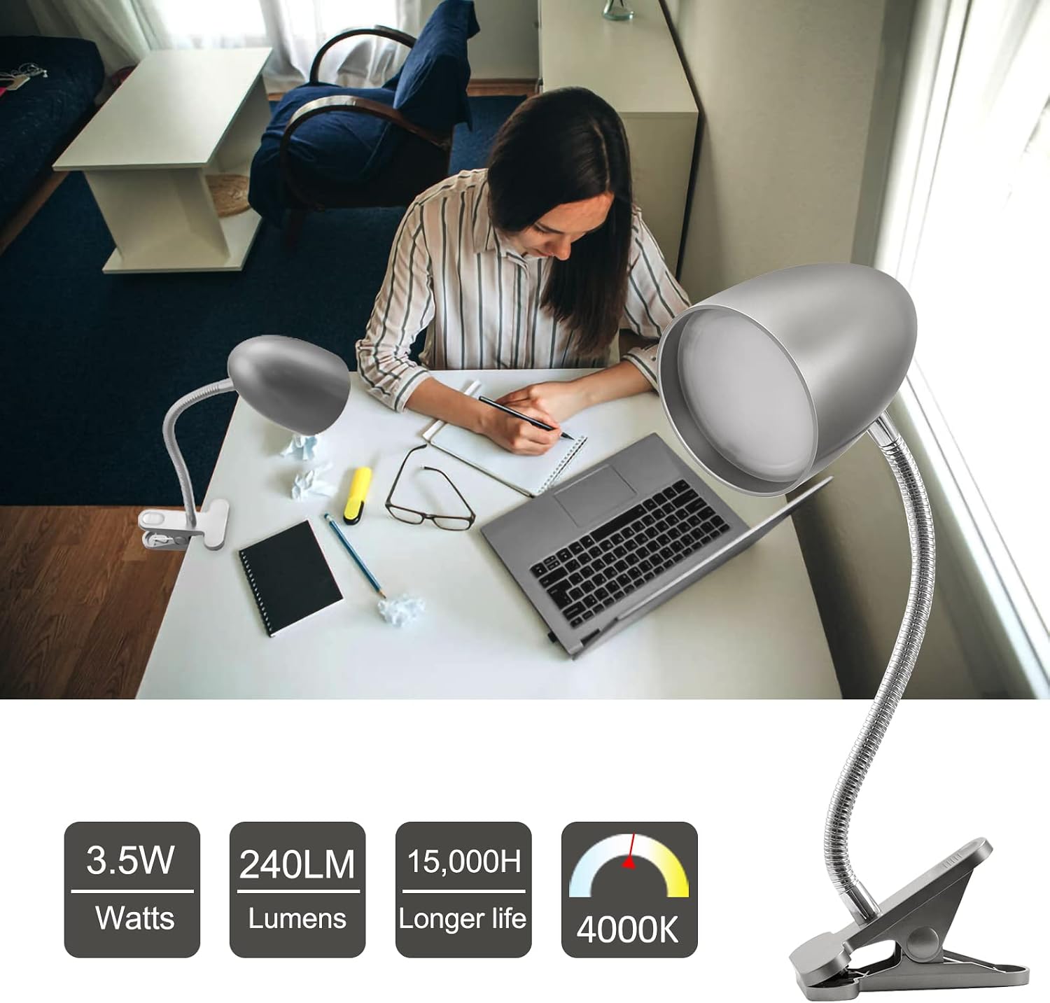 Eenergeticlighting E ENERGETIC LIGHTING Desk lamp with Clamp, Non-Dimmable Clip Light for Bed and Desk, 4000K Cool White, 3.5W 240 LM lamp,…