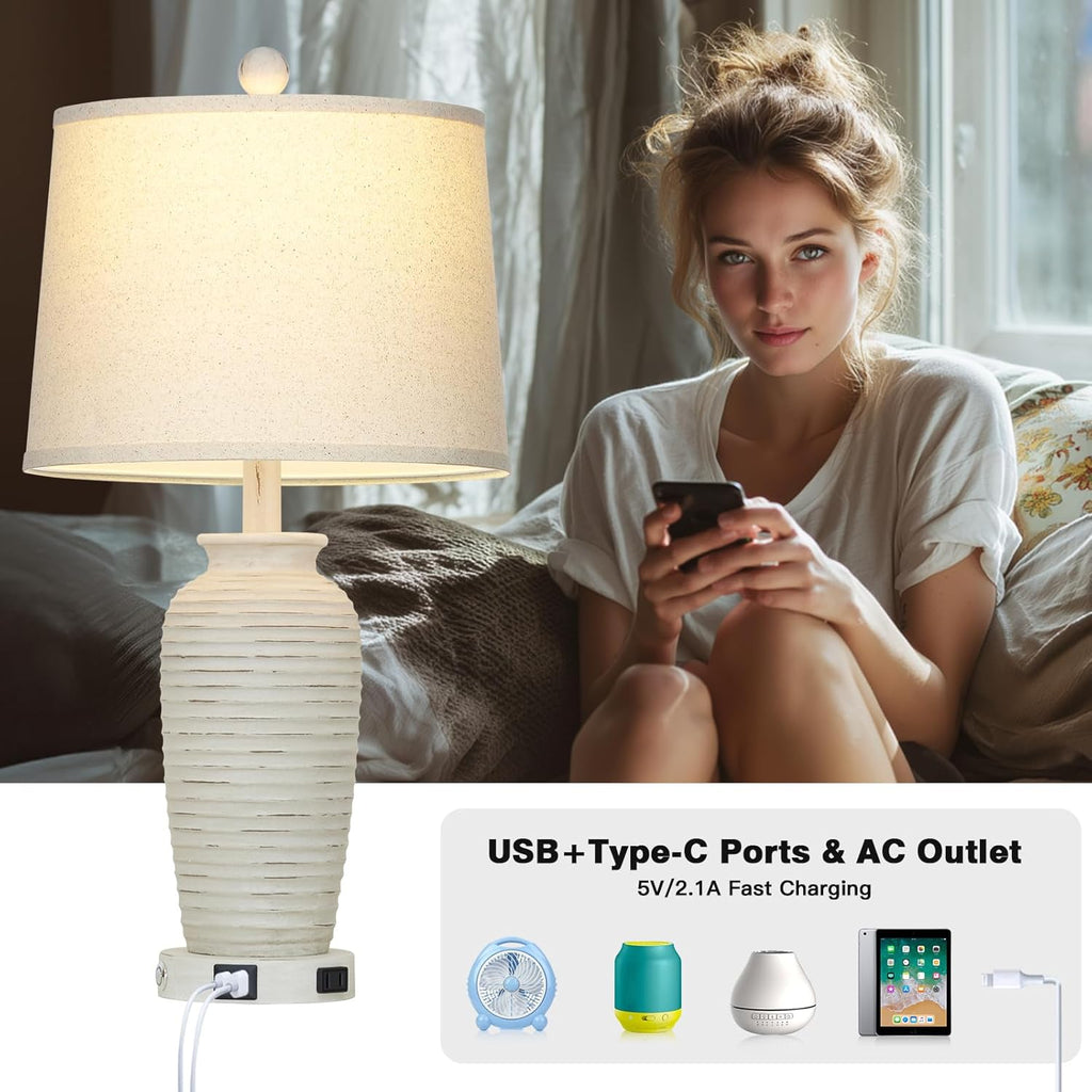 CINSARY 25" Retro White Farmhouse Jar Table Lamps Set of 2, 3 Way Touch Control Rustic Bedside Lamps with USB A+C Ports & AC Outlet, Pot…