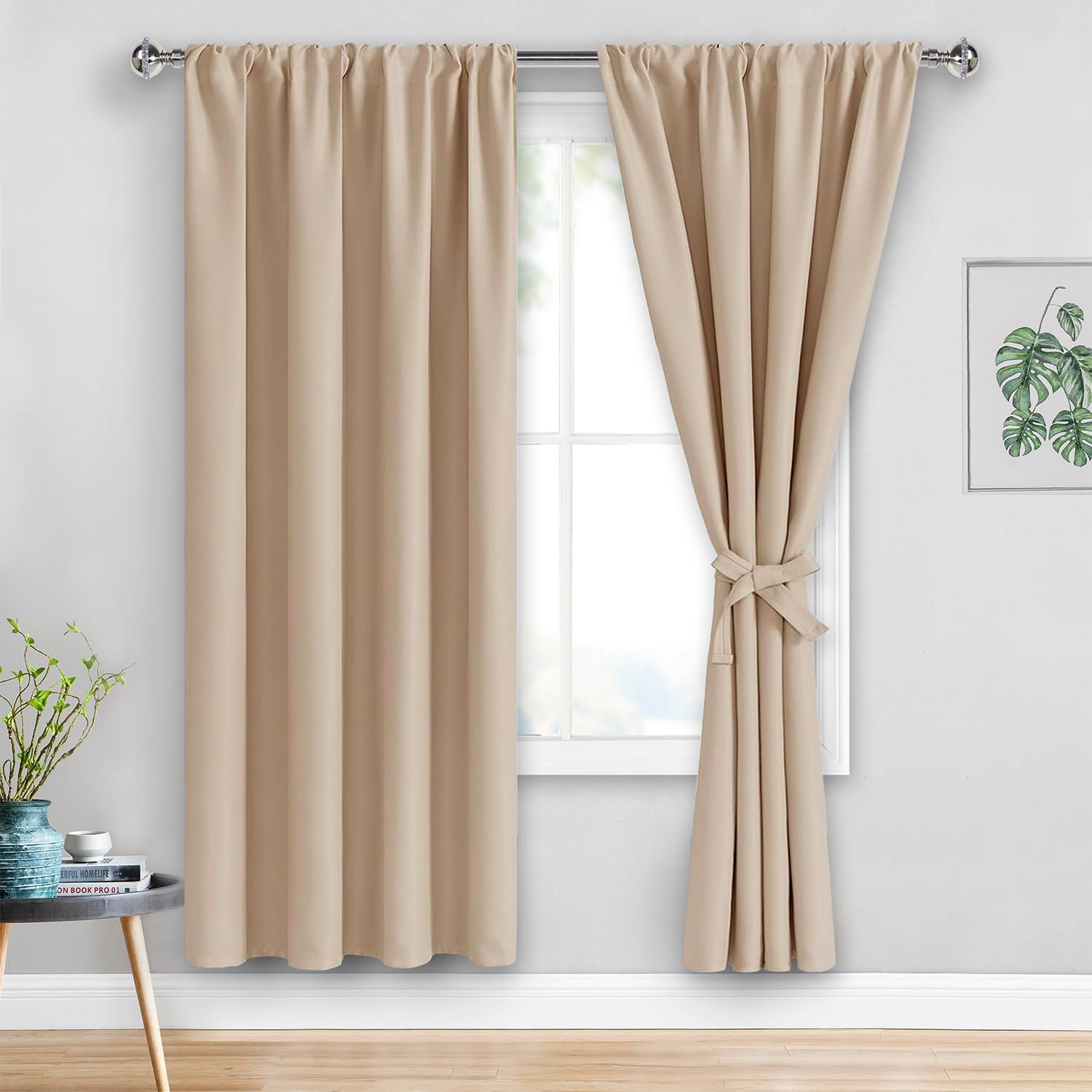 Jiuzhen Blackout Curtains for Bedroom - Thermal Insulated Room Darkening Rod Pocket Curtains for Living Room, Set of 2 Panels with Tiebacks…