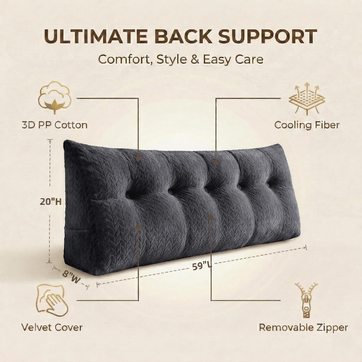 Headboard Pillow Queen Size, Reading Pillow for Bed, Leaf Pattern Wedge Pillow, Tufted Backrest Support, Headboard Substitute, Darkgray