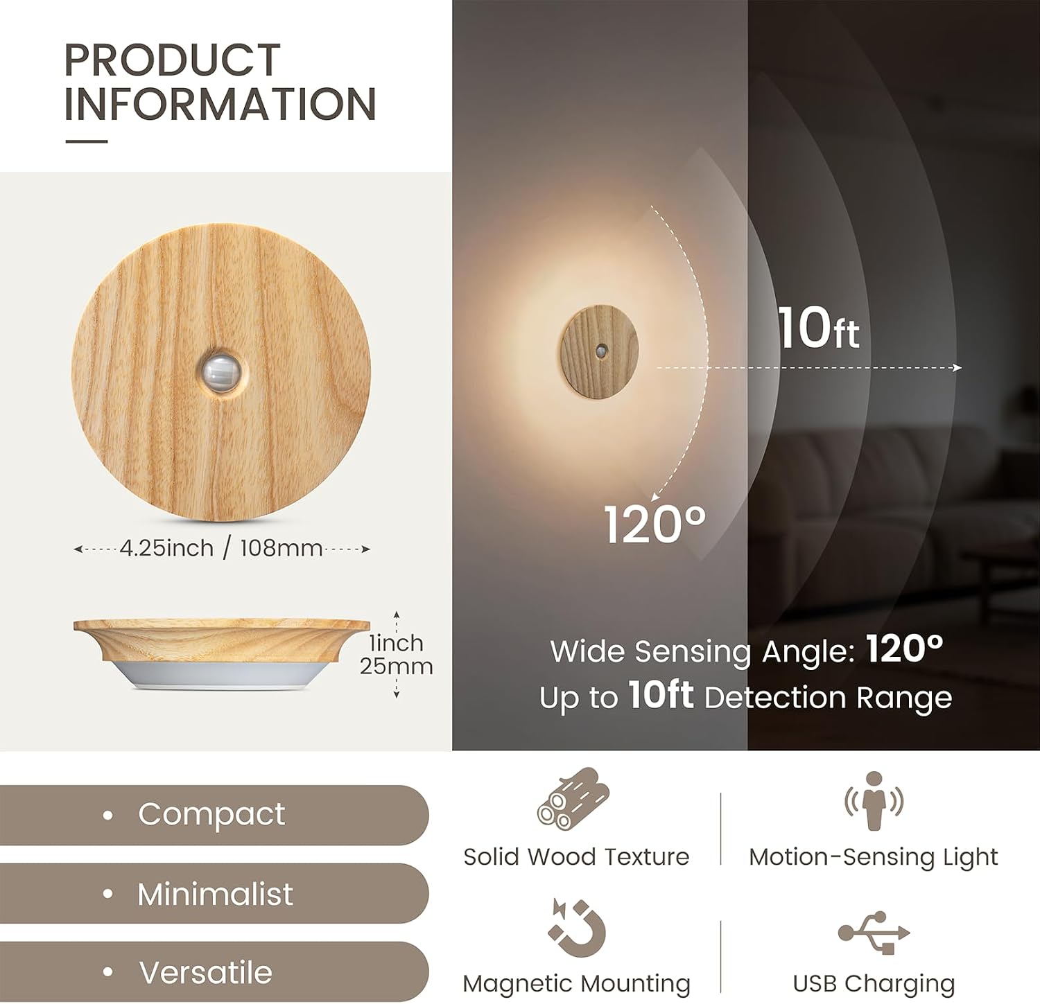 Motion Sensor Night Lights Wood, Rechargeable Battery-Powered Magnetic Stick-On Night Lights Wall Lights for Hallway, Bedroom, and Stairs…