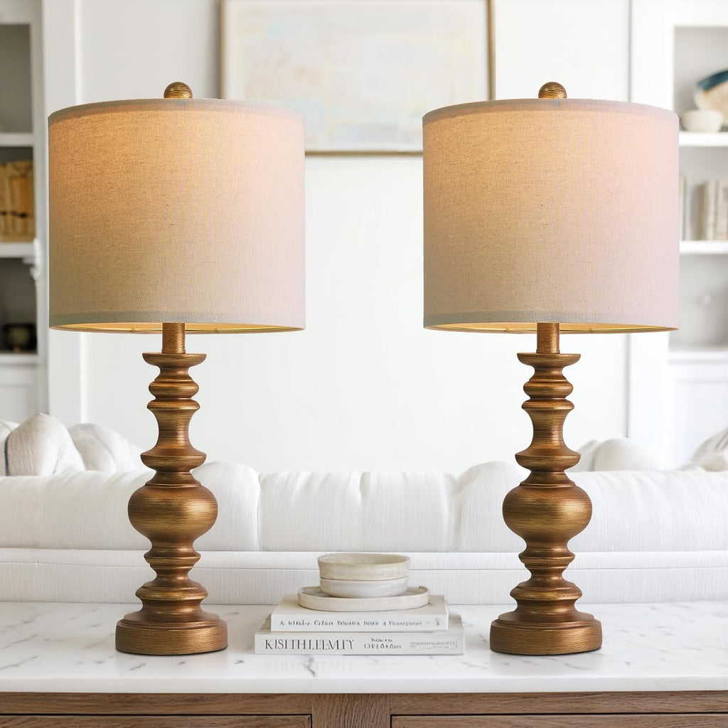 BOBOMOMO 24" Traditional Lamps Set of 2 – Antique Gold Bedside Lamps with Linen Shades, Elegant Medium Farmhouse Lamps for Living Room…