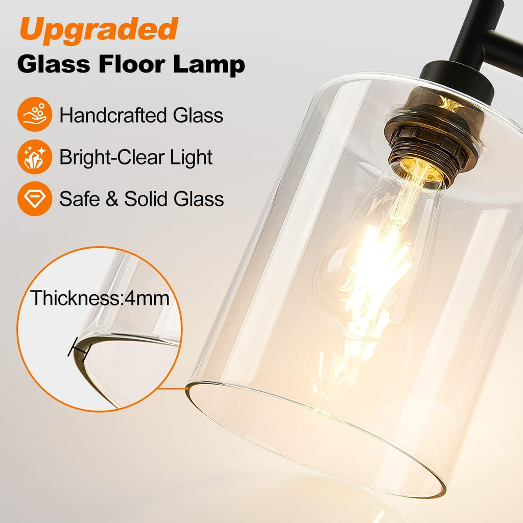 Upgraded】Dimmable Floor Lamp for Living Room with Glass Shade, Black Modern Industrial Floor Lamp with 900LM LED Bulb Included, Bright…