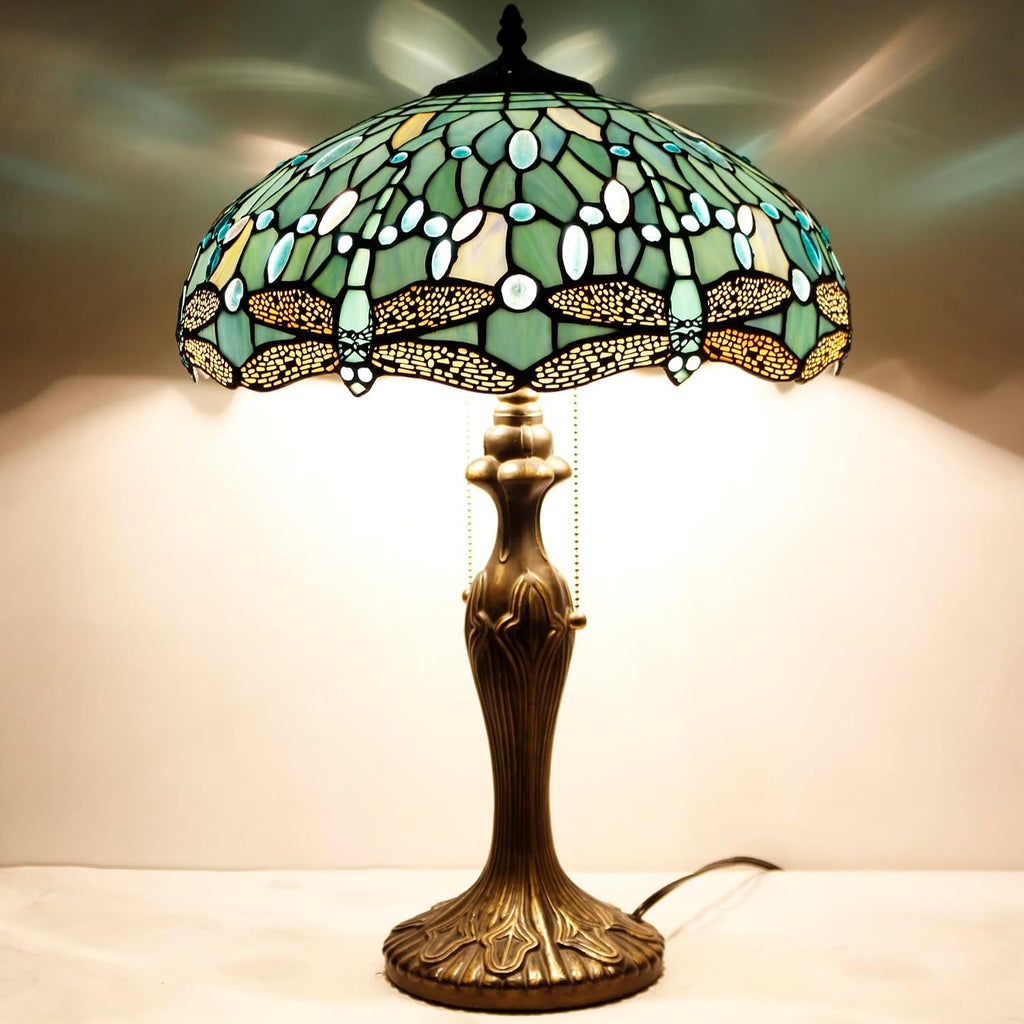 WERFACTORY Tiffany Lamp Sea Blue Stained Glass Bedside Table Lamp Dragonfly Style Desk Reading Light Metal Base 16X16X24 Inches Decor…