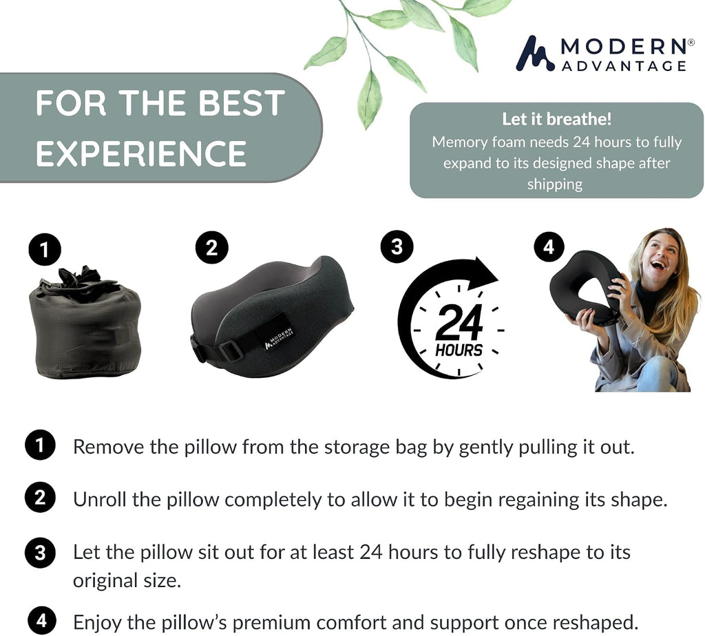 Modern Advantage Memory Foam Travel Neck Pillow for Airplanes – High Density Ergonomic Support, Adjustable Buckle Strap, Removable…
