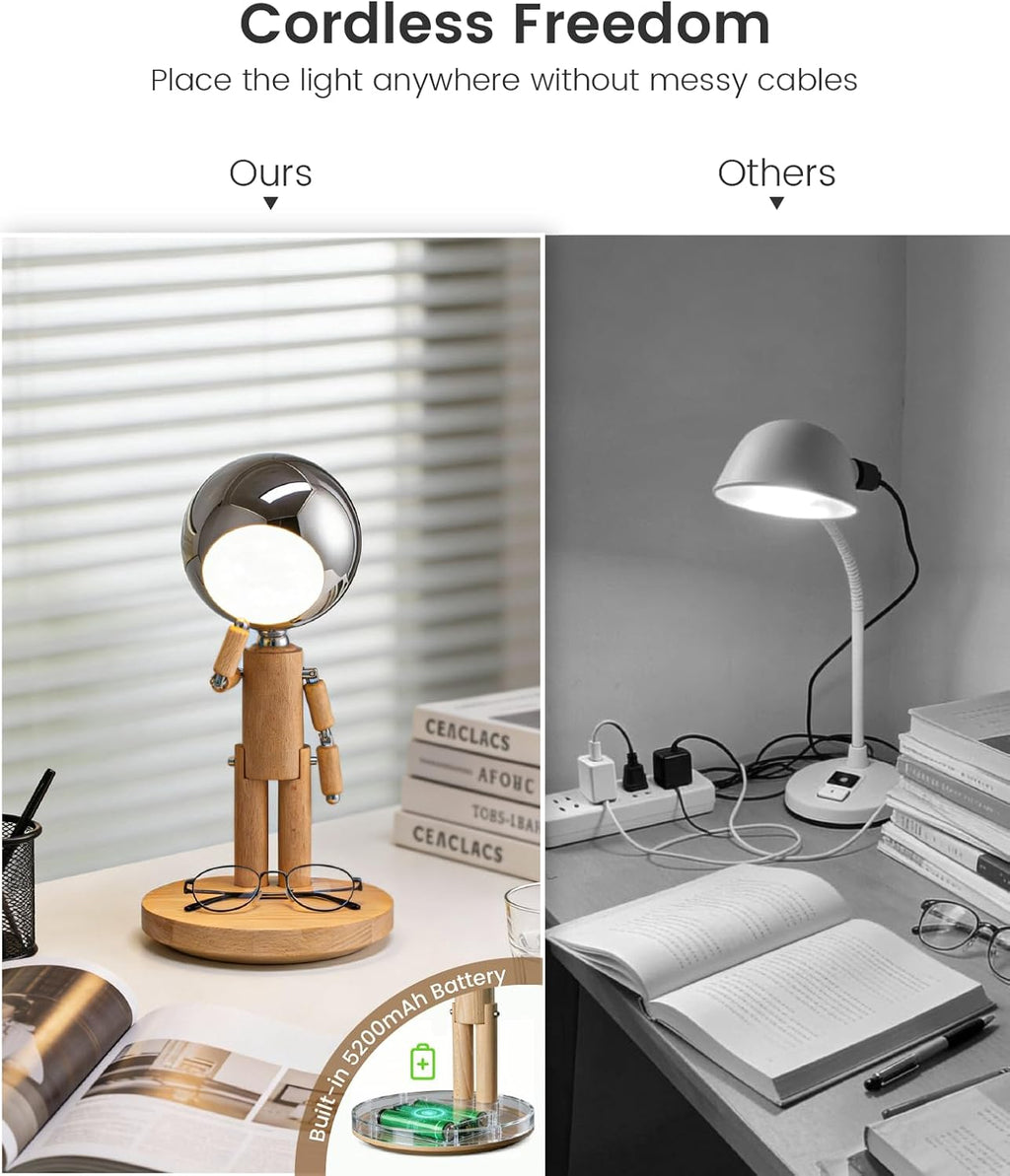 Rechargeable Cordless Desk Lamp, Creative Wooden Table Lamp with 3 Color &Stepless Dimming, Adjustable Pause Moon Lamp, Unique Decorative…