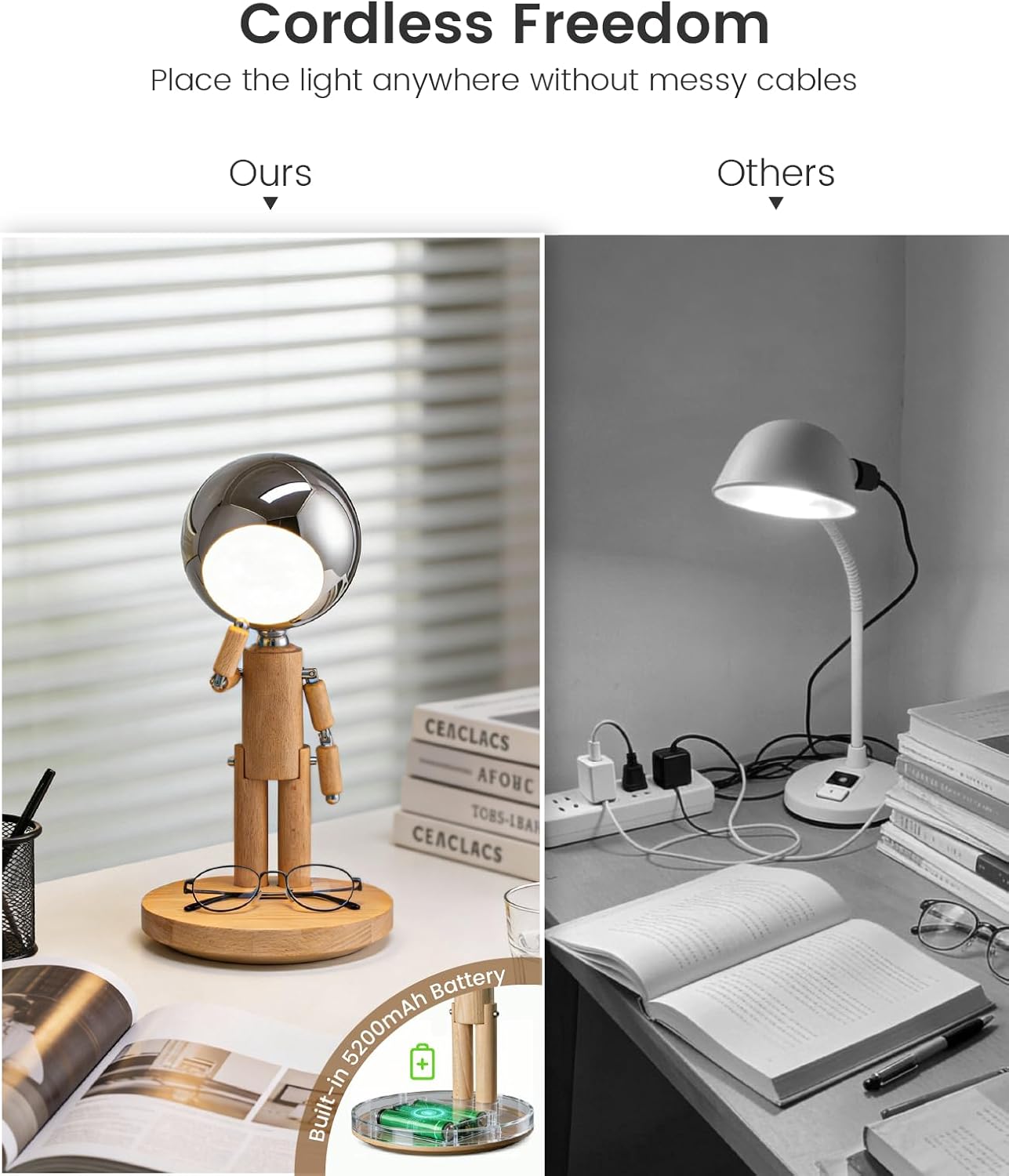 Rechargeable Cordless Desk Lamp, Creative Wooden Table Lamp with 3 Color &Stepless Dimming, Adjustable Pause Moon Lamp, Unique Decorative…