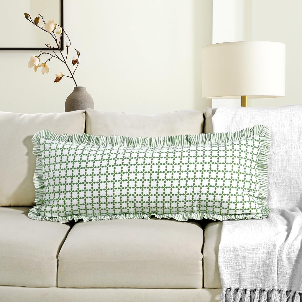 Cottonprintclub CPC Hand Block Print Kelly Green Ruffle Sham Pillow Cover 36" x 14" inch Hidden Zipper Decorative Pillowcase for Couch, Bed…