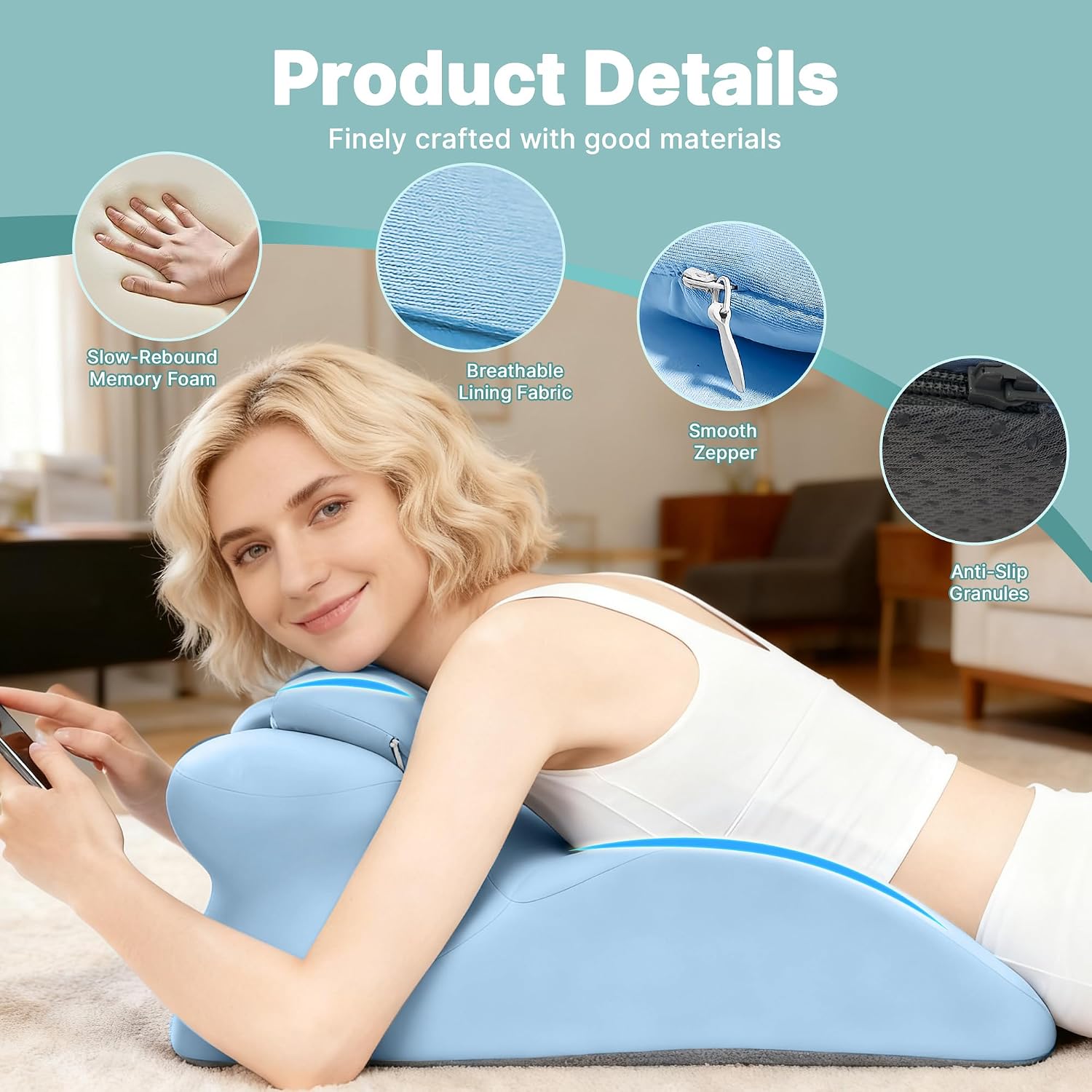 Ergonomic Memory Foam Wedge Pillow, Back and Neck Support Cushion for Reading in Bed, Sitting Up, Bed Rest and Watching TV (Blue)