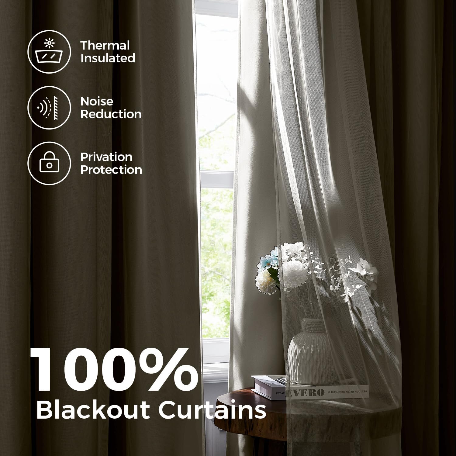 Swandream Blackout Curtains for Bedroom, Double Layer Beige Curtains, Black Out Curtain 90 inch Long with Sheer Overlay for Living Room, Ro…