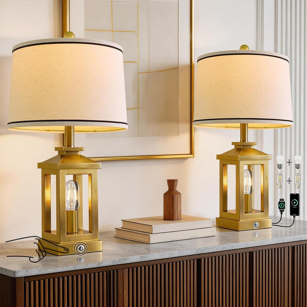 G-SAFAVA 24" Table Lamps for Living Room Bedroom Modern Gold Bedside Lamps Set of 2 Nightstand Lamps for Night Stands 3 Way Dimmable…