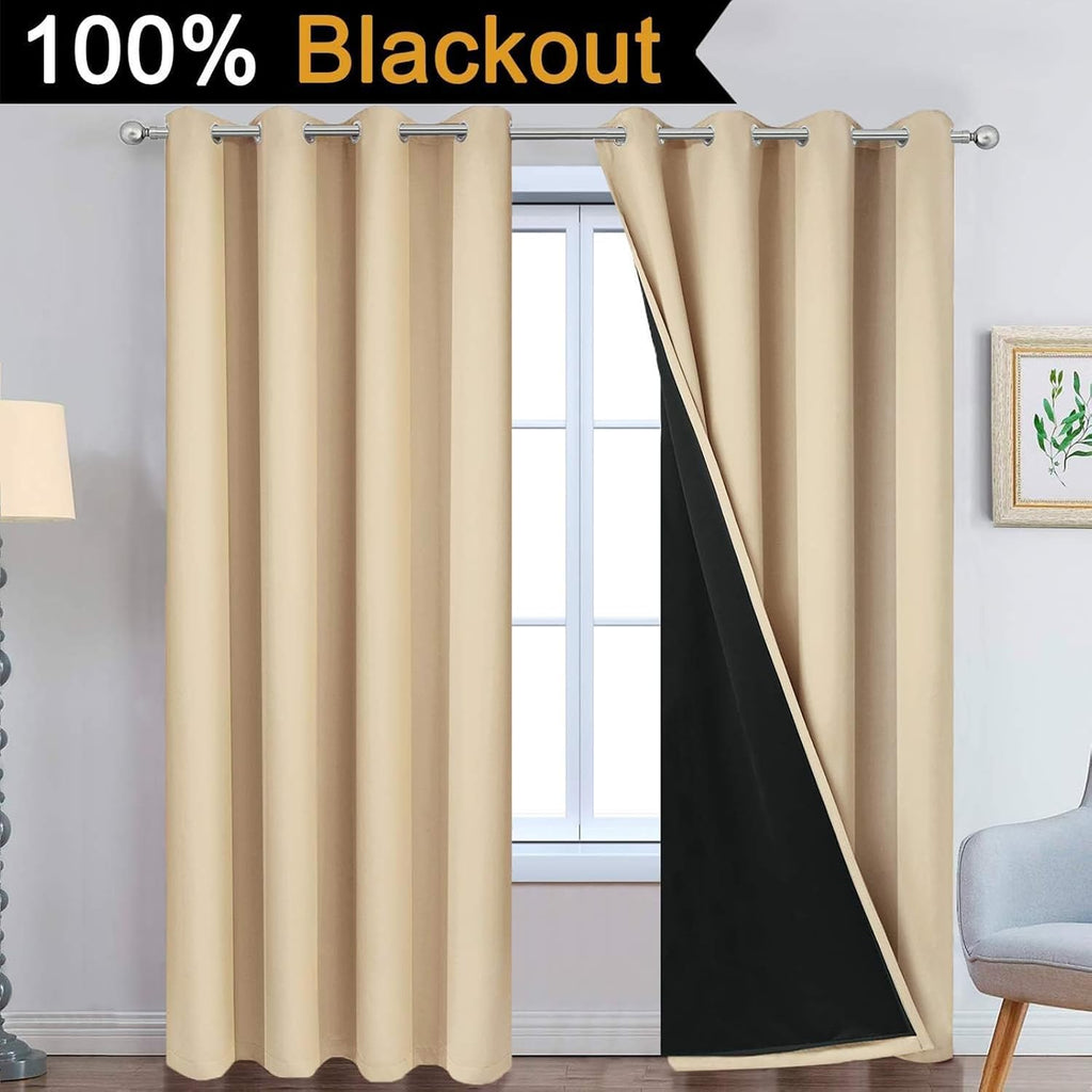 Yakamok Beige 100% Blackout Curtains, Thermal Insulated Total Blackout Drapes for Bedroom, Heat Blocking Window Curtains for Living Room(52…