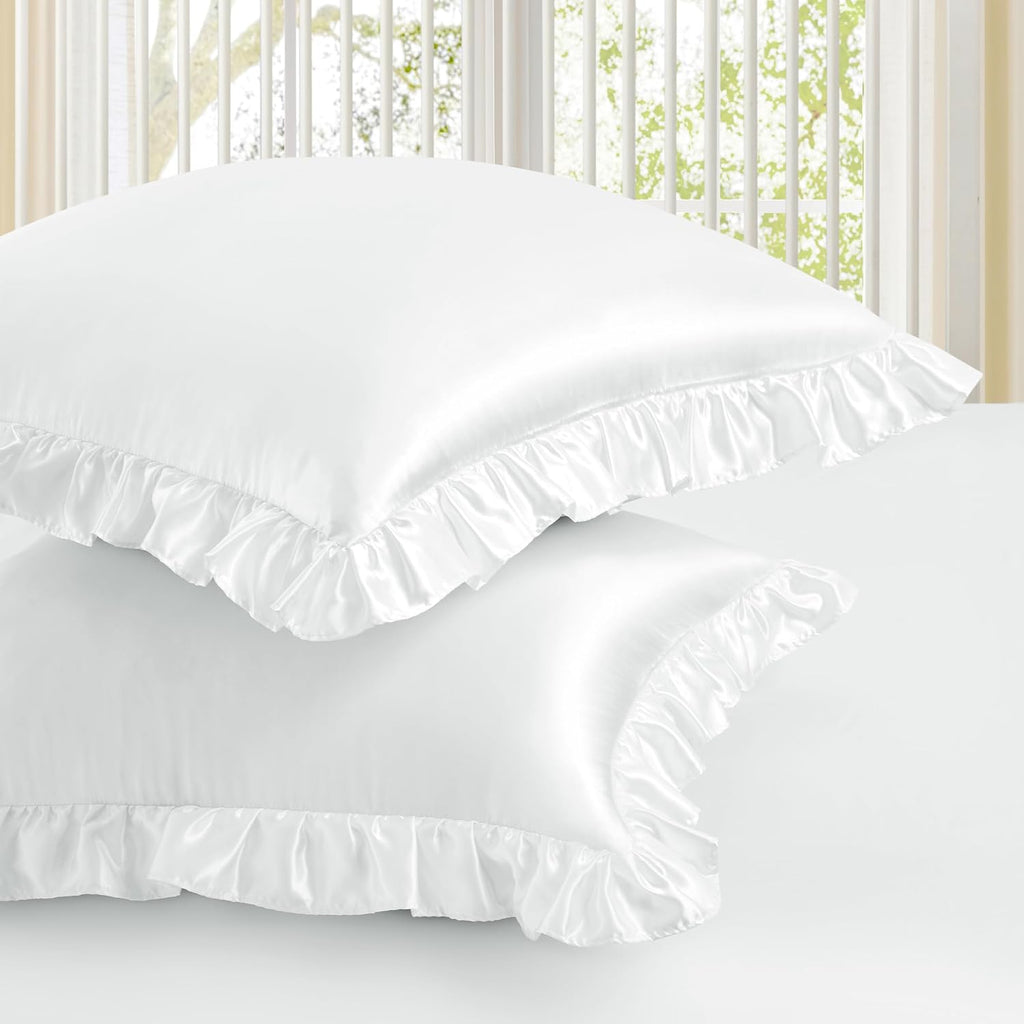 Homiest Ruffle Euro Sham Covers 26x26 Inch Set of 2, White Satin Pillow Shams with 3 Inch Wide Decorative Ruffled, European Square Satin…