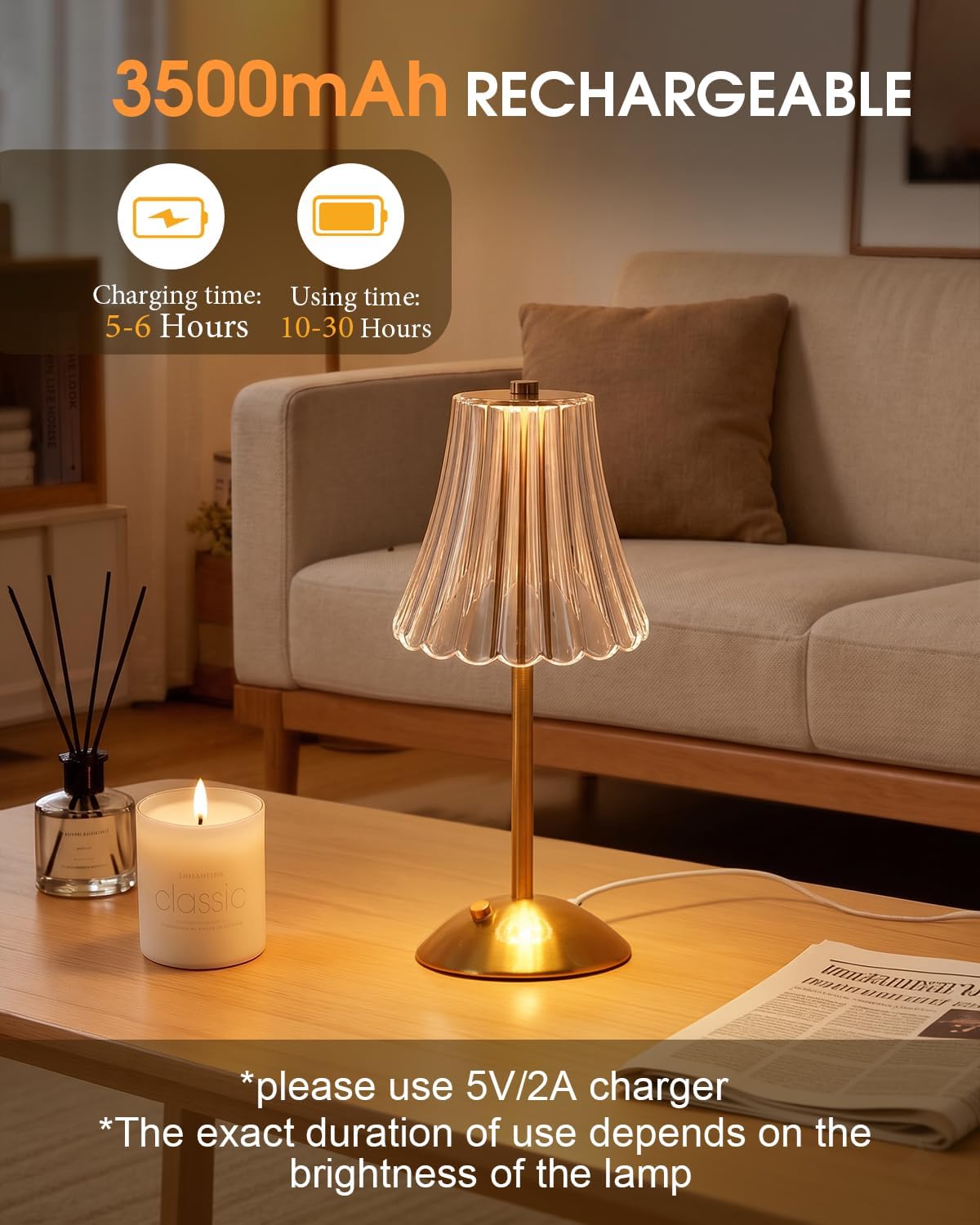 Nusogon Rechargeable Cordless Table Lamp, Touch Control Crystal Desk Lamp with 3500mAh Battery, 3 Color Dimmable LED Small Lamp for…