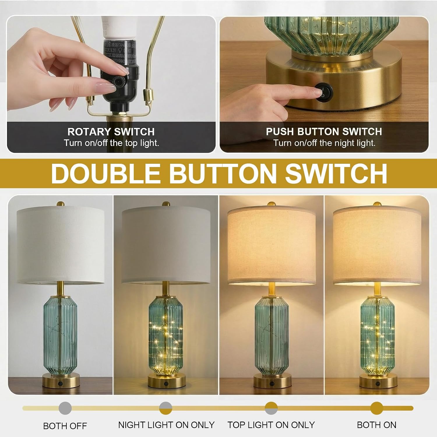 Oneach 24.5" Bedside Table Lamps Set of 2, Green Glass Nightstand Lamps with USB A+C Charging Ports and Night Light, Gold Modern Lamps…