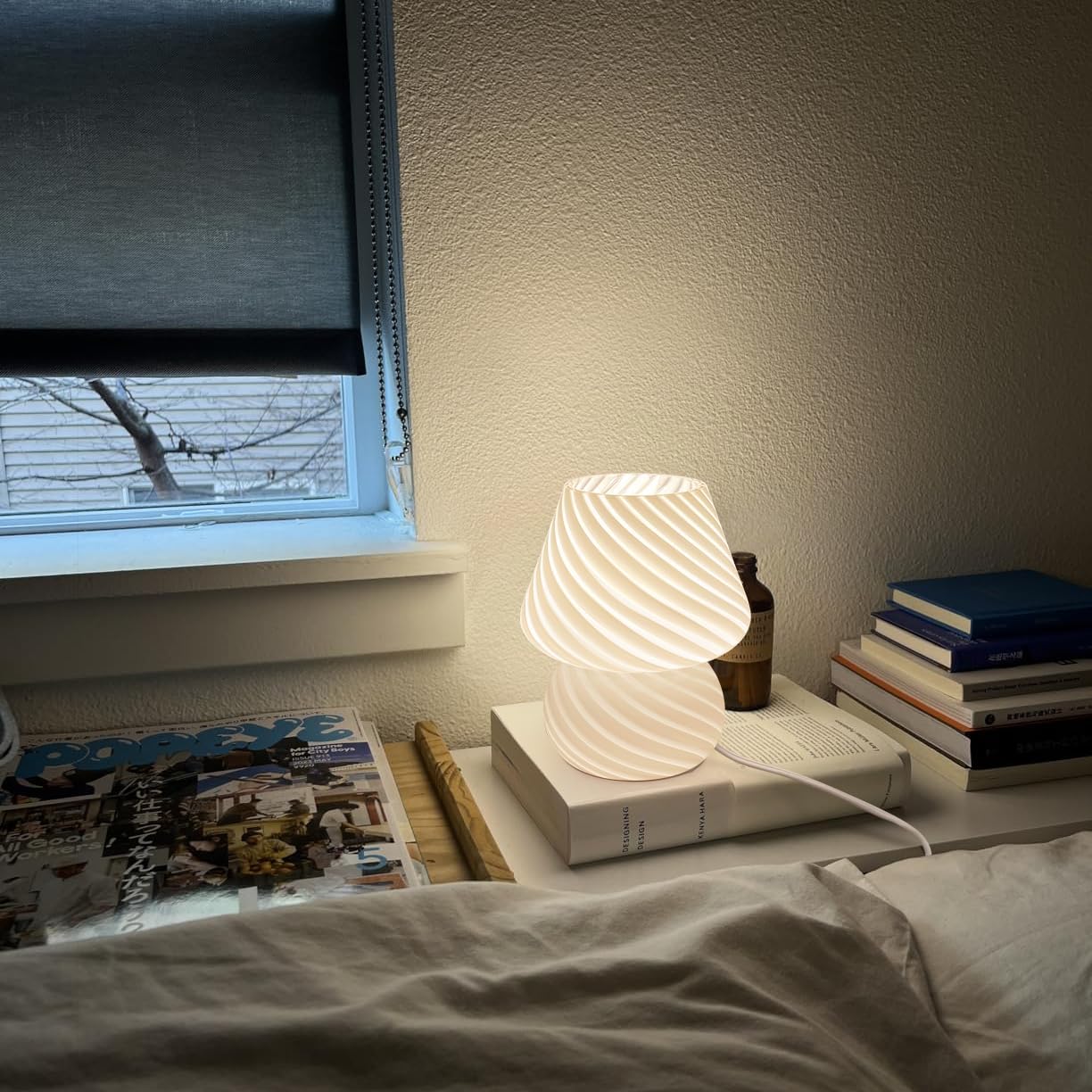ONEWISH Mushroom Lamp-Small Bedside Table Lamp with Striped Glass, Nightstand Lamp for Bedroom, Living Room, 3000K E26 Bulb Included(White)