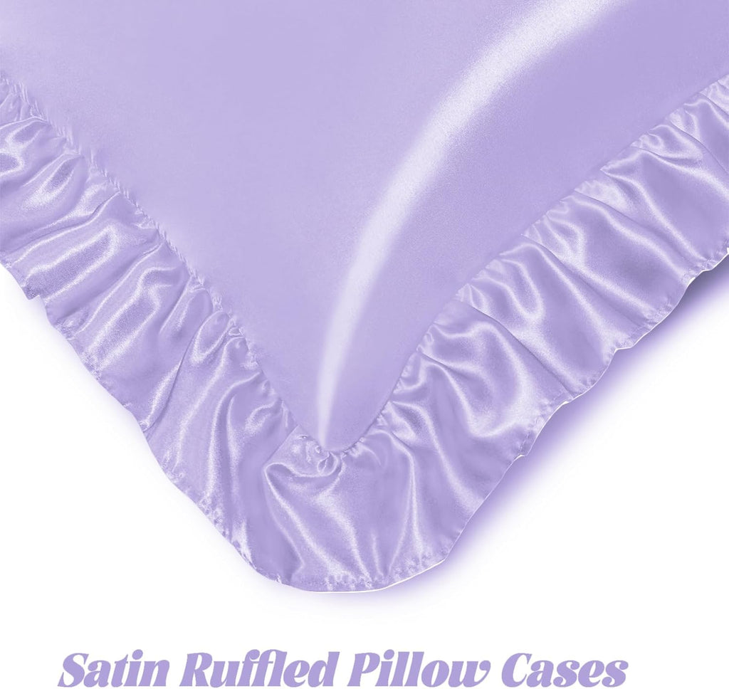 Homiest Ruffle Euro Sham Covers 26x26 Inch Set of 2, Lavender Satin Pillow Shams with 3 Inch Wide Decorative Ruffled, European Square…
