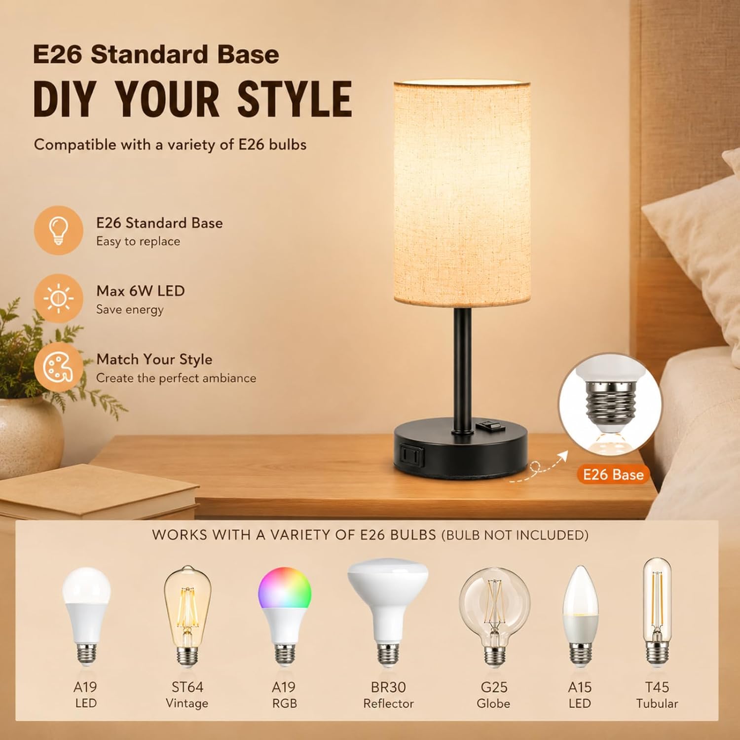 ZJOJO Table Lamp for Bedroom Set of 2, Bedside Small Lamps with 3 Way Dimmable Rocker Switch and AC Outlet, Nightstand Desk Lamp with…