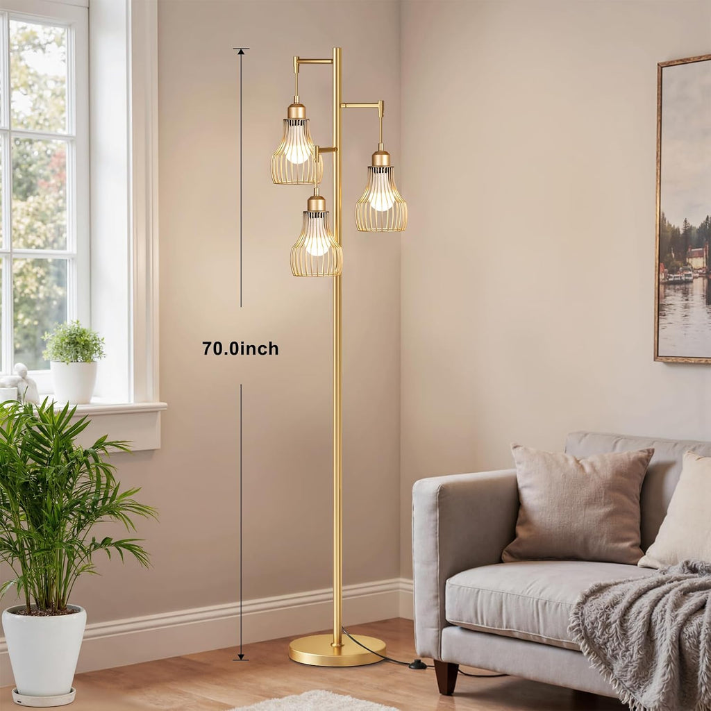 Ziisee Dimmable Gold Floor Lamps for Living Room, Farmhouse Tree Standing Tall Lamp with Remote Control 3 Elegant Cage Shade LED Bulbs…