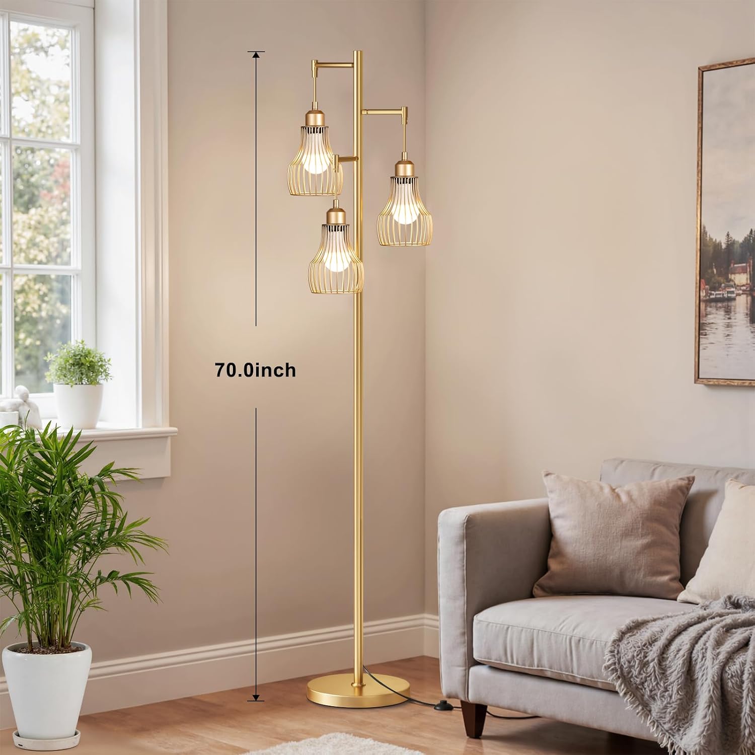 Ziisee Dimmable Gold Floor Lamps for Living Room, Farmhouse Tree Standing Tall Lamp with Remote Control 3 Elegant Cage Shade LED Bulbs…