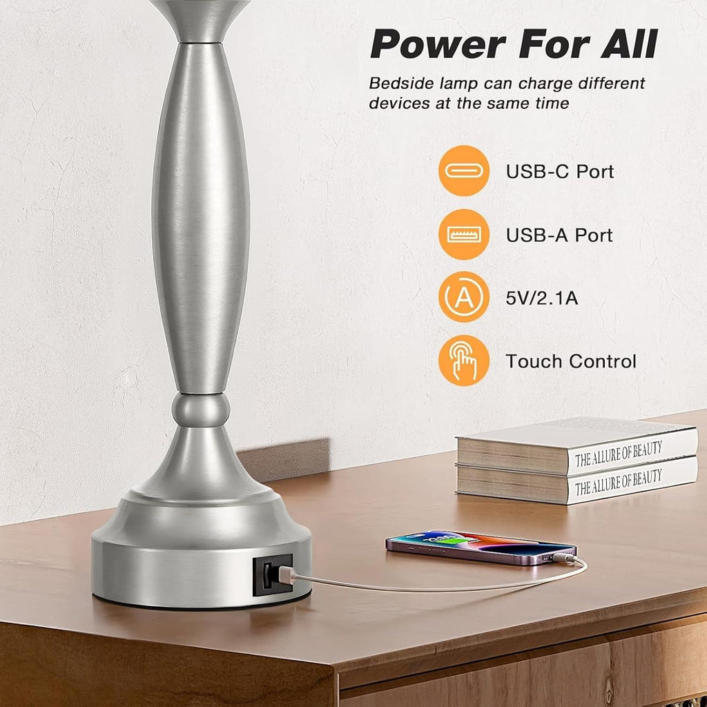 Seealle 25.5" Touch Bedside Lamps for Nightstand Set of 2 - Bedroom Lamps with USB C+A, 3 Way Dimmable Nightstand Lamps, Brushed Nickel…