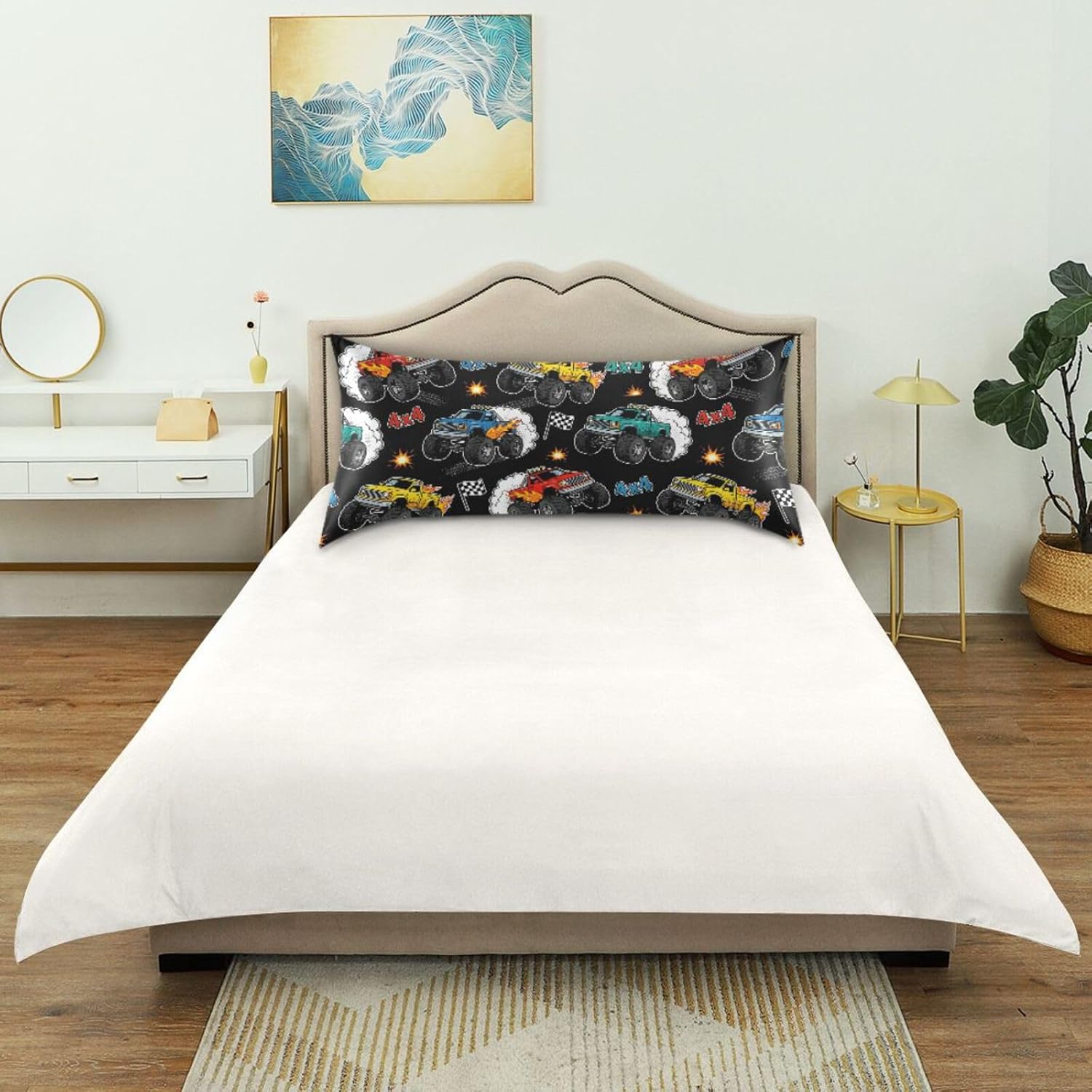 Monster Truck Black Print Pillow Covers Silk Pillowcase for Hair and Skin Soft Breathable Smooth Cooling Satin Pillowcase Standard Size…
