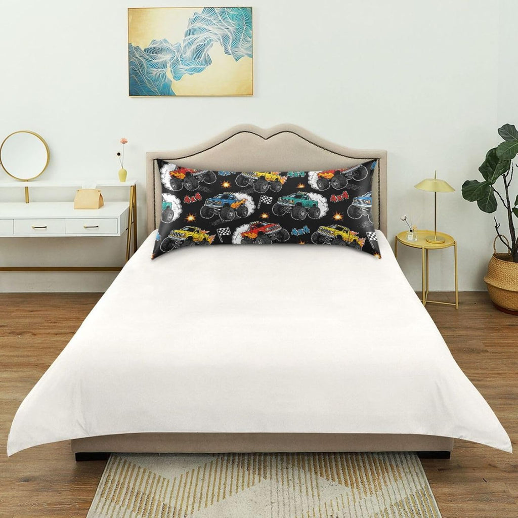 Monster Truck Black Print Pillow Covers Silk Pillowcase for Hair and Skin Soft Breathable Smooth Cooling Satin Pillowcase Queen Size…