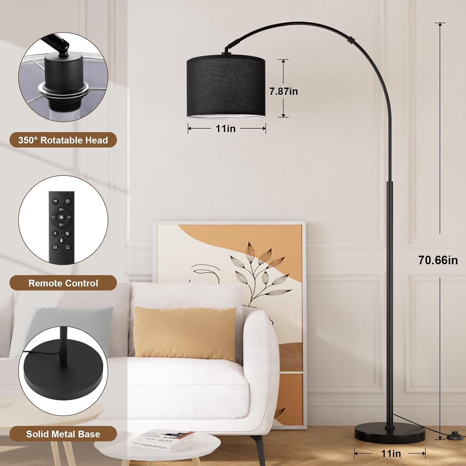 Ambimall Dimmable Arc Floor Lamp with Remote, Color Temperatures and Brightness Adjustable, Arched Floor Lamp with Rotating Head, Over…