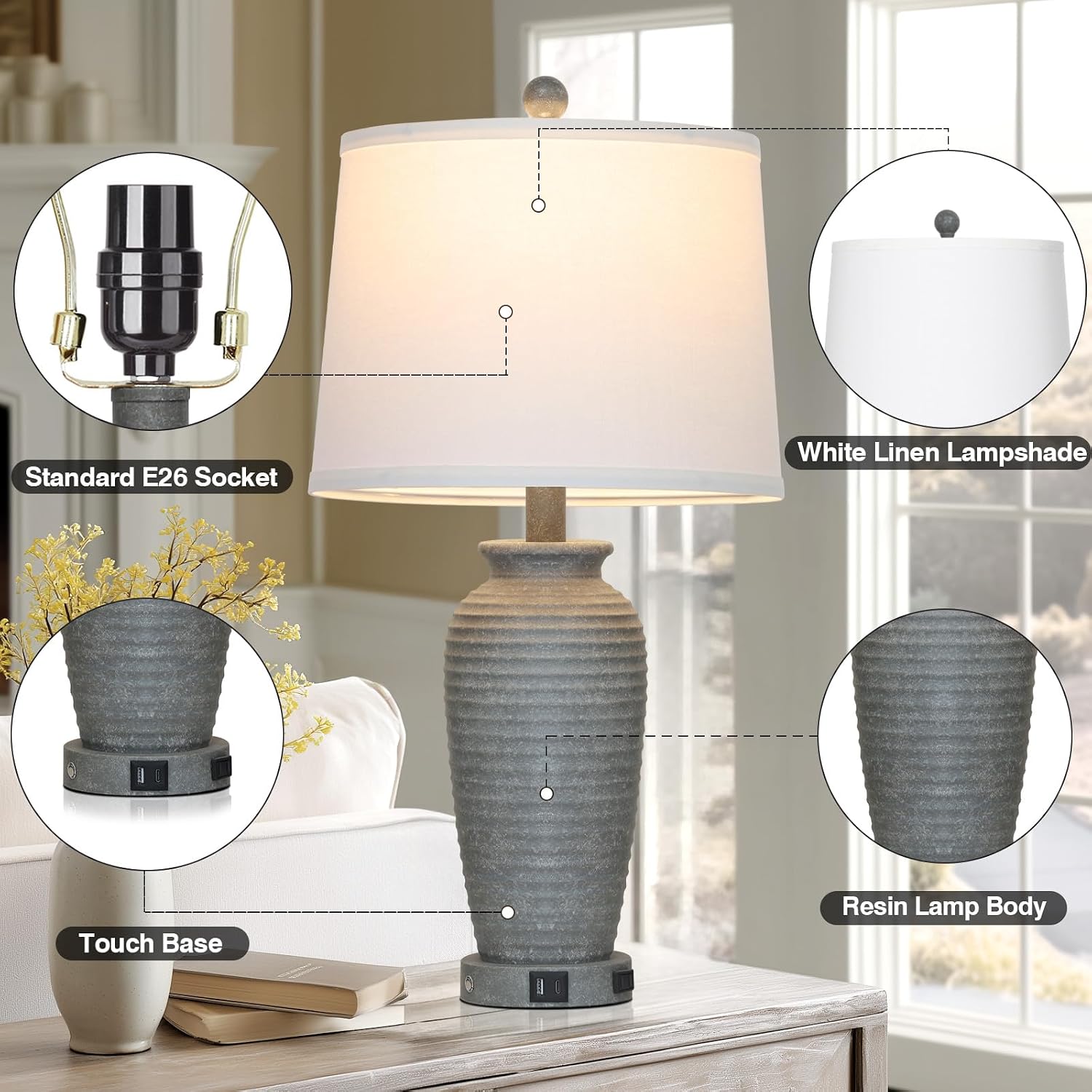CINSARY 25" Grey Farmhouse Jar Table Lamps, 3 Way Touch Control Rustic Bedside Lamps with USB A+C Ports & AC Outlet, Pot Nightstand Lamps…