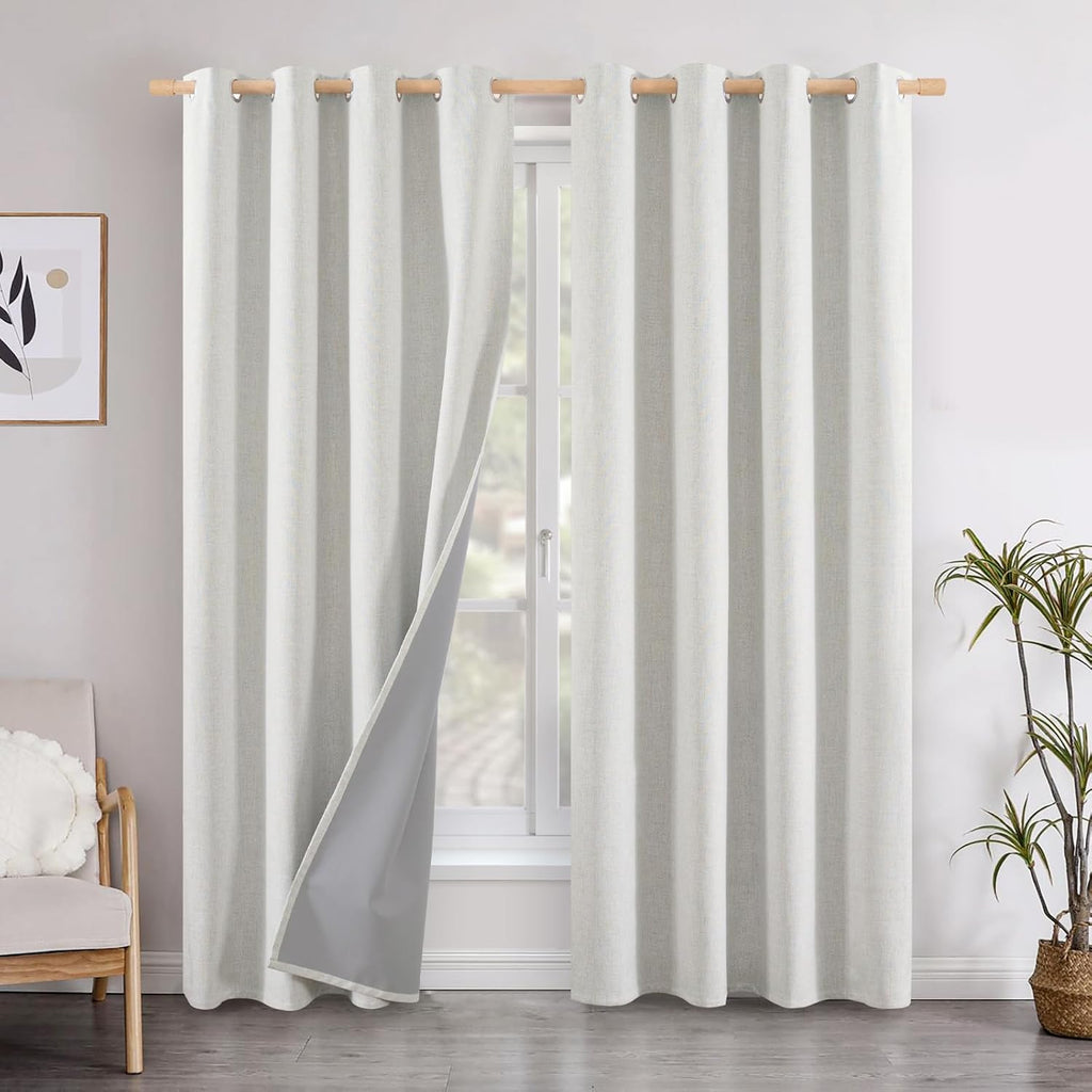 YoungsTex Ivory Linen Blackout Curtains 84 Inch Length for Bedroom, Thermal Insulated Black Out Drapes Room Darkening with Grommet Energy S…