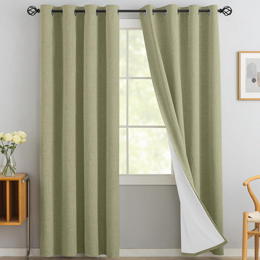 Yakamok Linen Sage Curtains 100% Blackout 84 Inches Long, Room Darkening Textured Drapes for Living Room Thermal Grommet Bedroom Curtains 2…