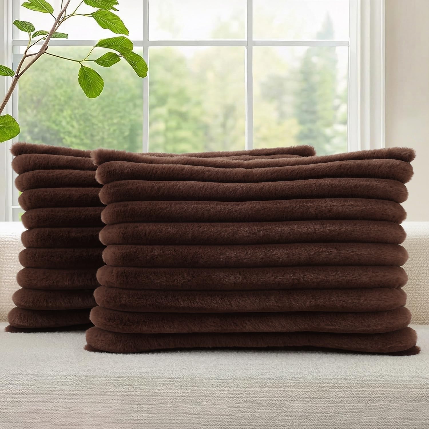 decorUhome Cozy Faux Fur Throw Pillow Covers 12x20 Set of 2 Decorative Soft Plush Striped Lumbar Modern Farmhouse Boho Couch Pillow Cases w…